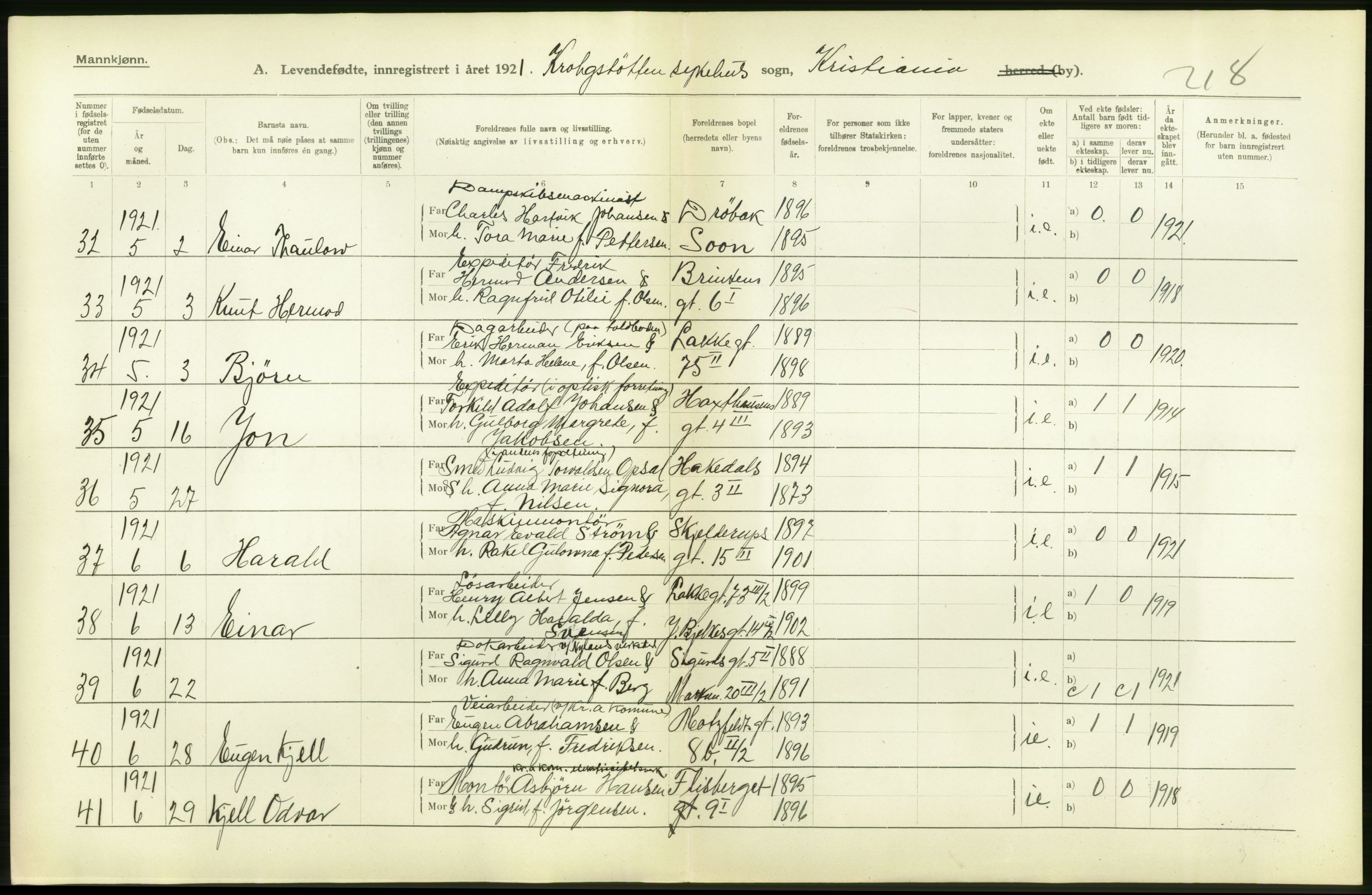 Statistisk sentralbyrå, Sosiodemografiske emner, Befolkning, AV/RA-S-2228/D/Df/Dfc/Dfca/L0009: Kristiania: Levendefødte menn og kvinner., 1921, p. 8