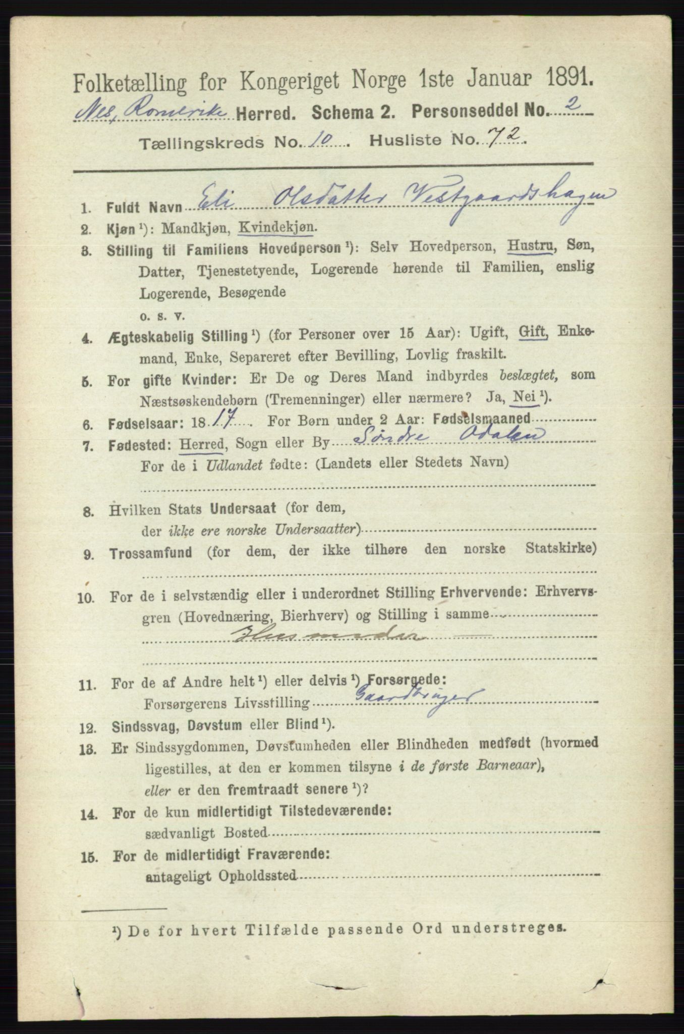 RA, 1891 census for 0236 Nes, 1891, p. 6231