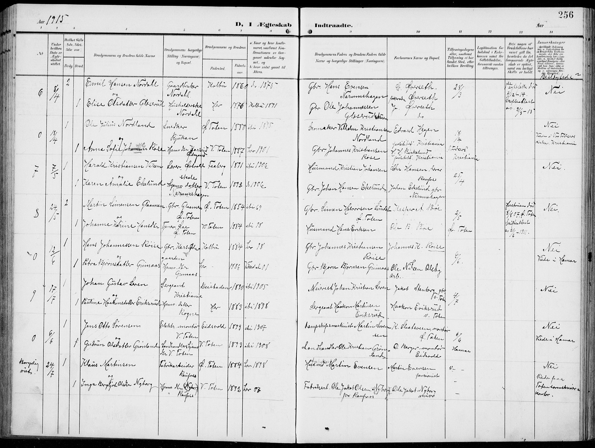 Vestre Toten prestekontor, AV/SAH-PREST-108/H/Ha/Haa/L0014: Parish register (official) no. 14, 1907-1920, p. 256