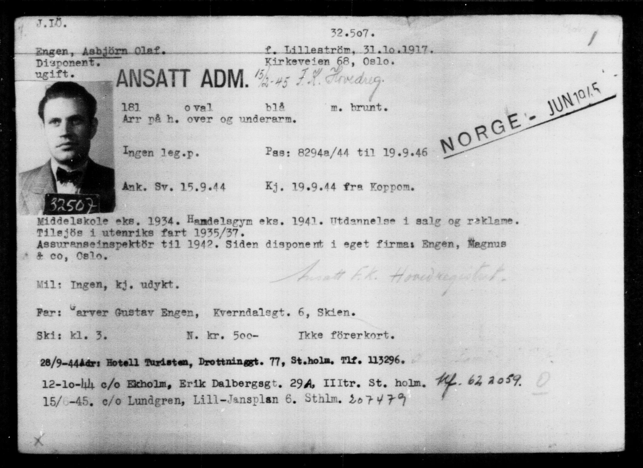 Utenriksstasjonene, Legasjonen i Stockholm, Flyktningkontoret, AV/RA-S-6753/V/Va/L0013: Kjesäterkartoteket, flyktninger med registreringsnr. 31500-34731, 1940-1945, p. 1063