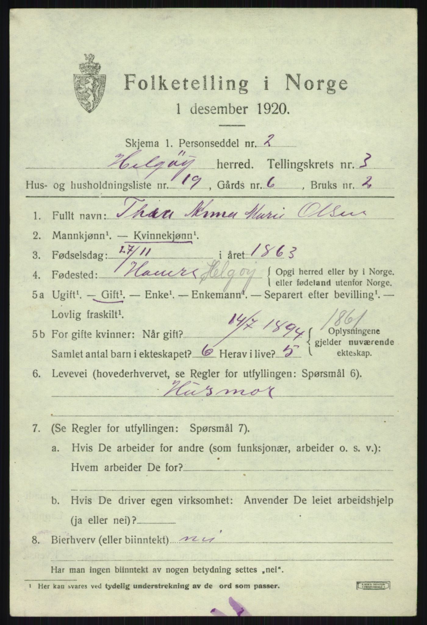 SATØ, 1920 census for Helgøy, 1920, p. 1629