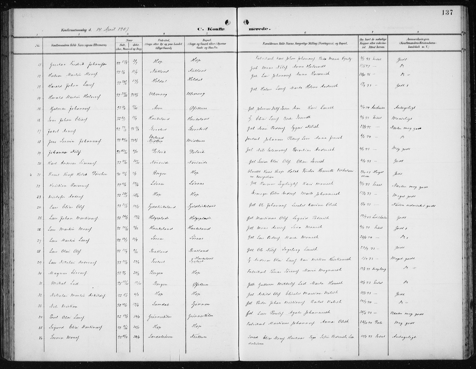 Fana Sokneprestembete, AV/SAB-A-75101/H/Haa/Haai/L0003: Parish register (official) no. I 3, 1900-1912, p. 137