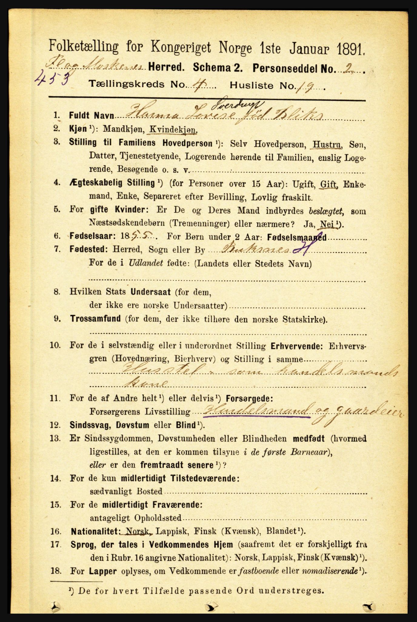 RA, 1891 census for 1859 Flakstad, 1891, p. 2014