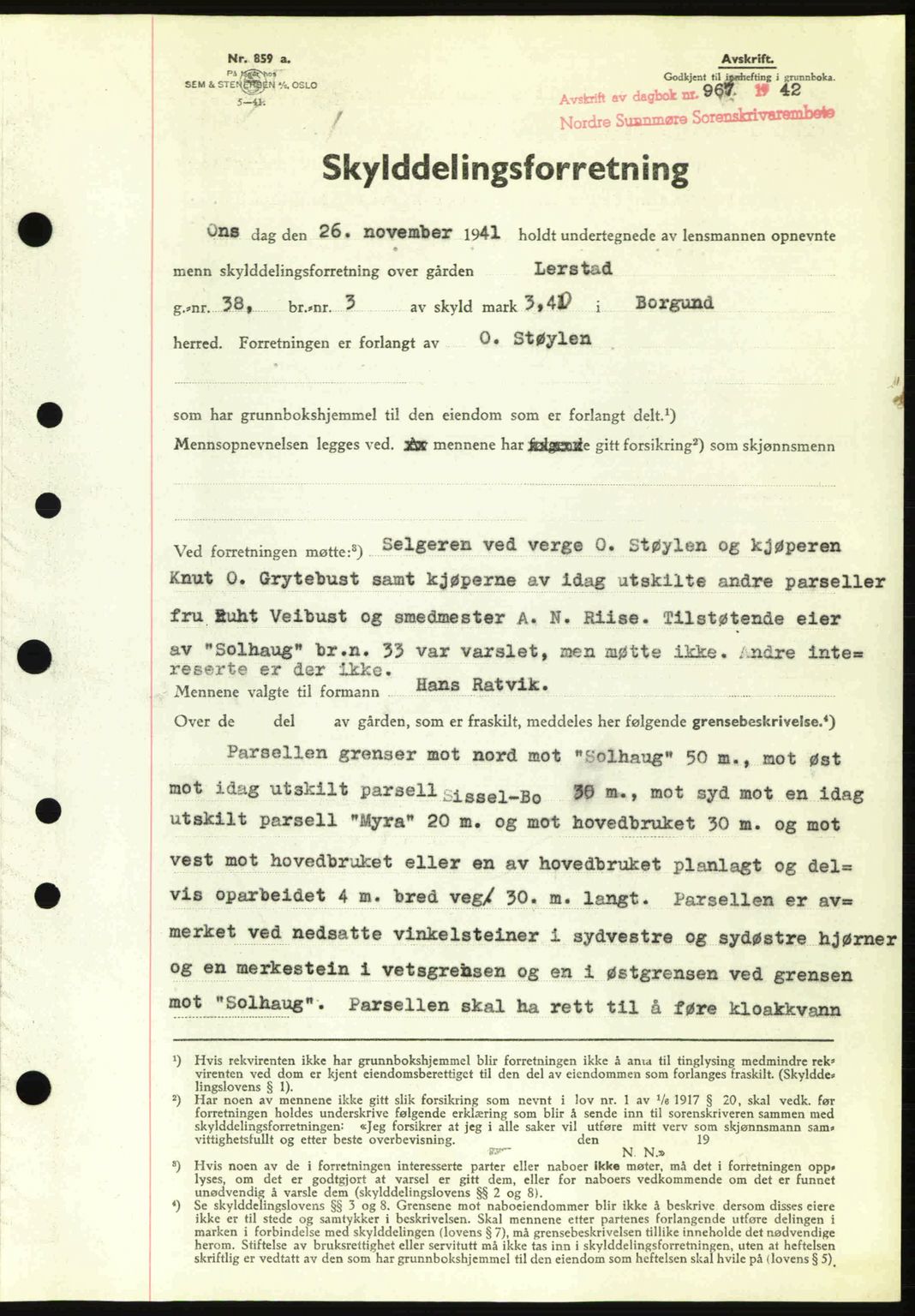 Nordre Sunnmøre sorenskriveri, AV/SAT-A-0006/1/2/2C/2Ca: Mortgage book no. A13, 1942-1942, Diary no: : 967/1942