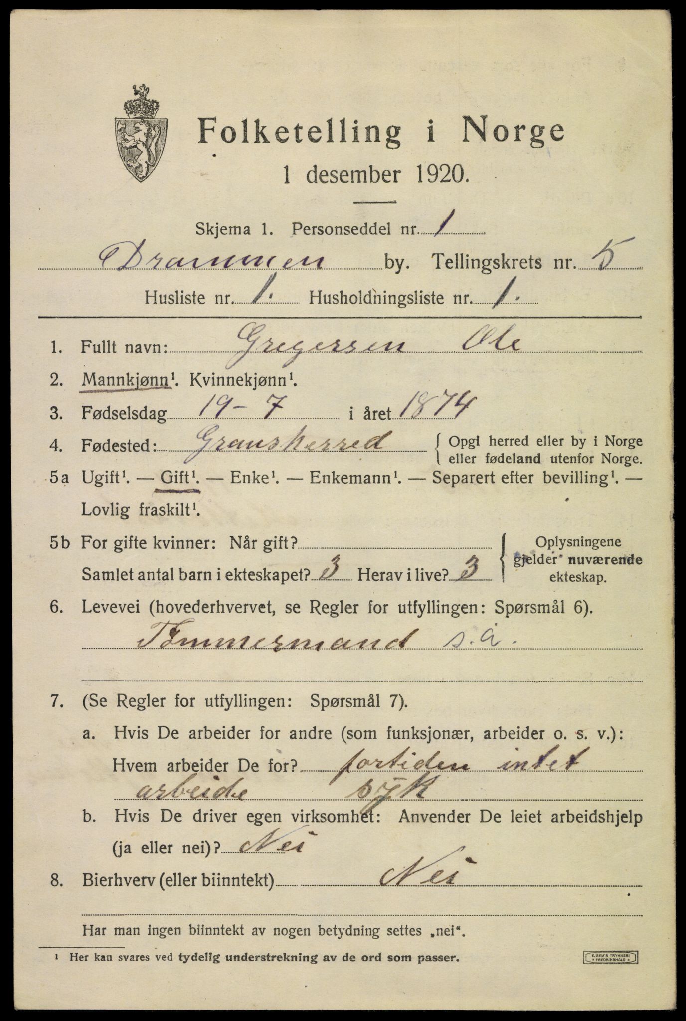 SAKO, 1920 census for Drammen, 1920, p. 36233