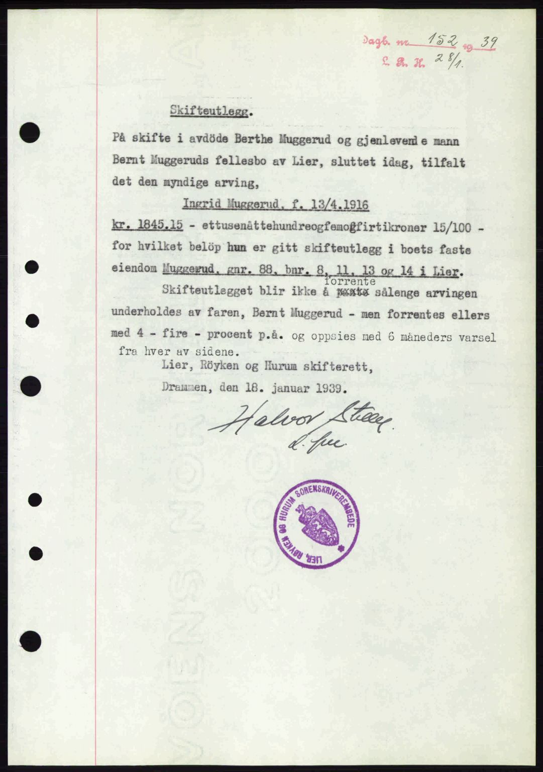 Lier, Røyken og Hurum sorenskriveri, AV/SAKO-A-89/G/Ga/Gab/L0062: Mortgage book no. 62, 1938-1939, Diary no: : 152/1939
