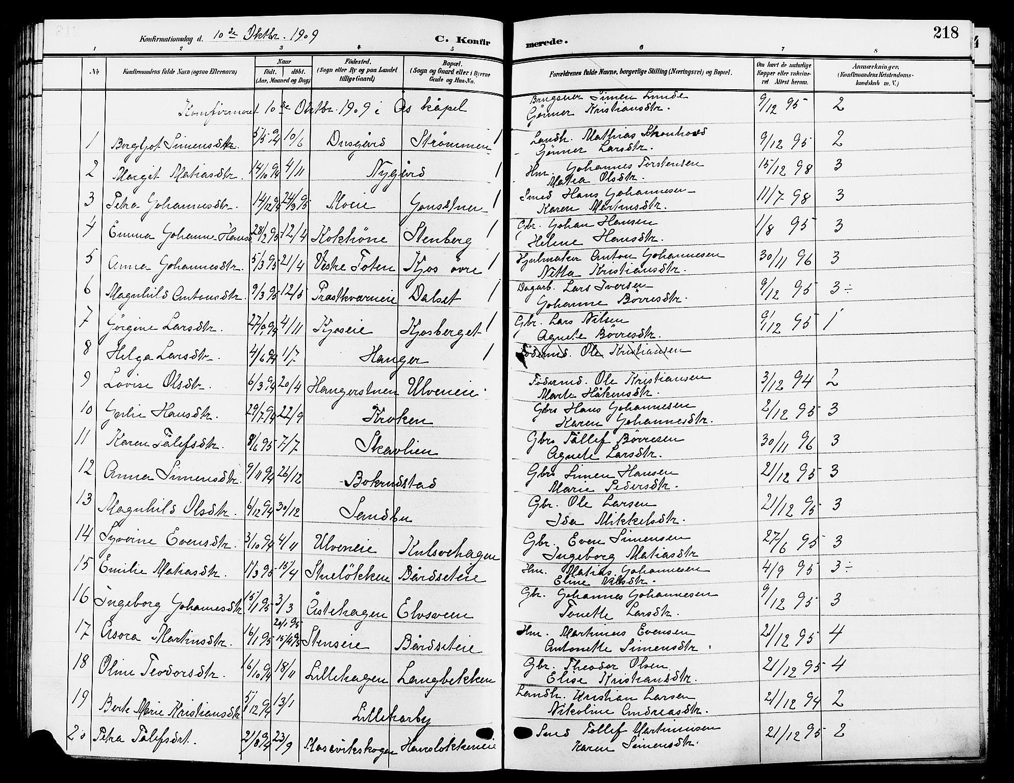 Ringsaker prestekontor, AV/SAH-PREST-014/L/La/L0015: Parish register (copy) no. 15, 1903-1912, p. 218