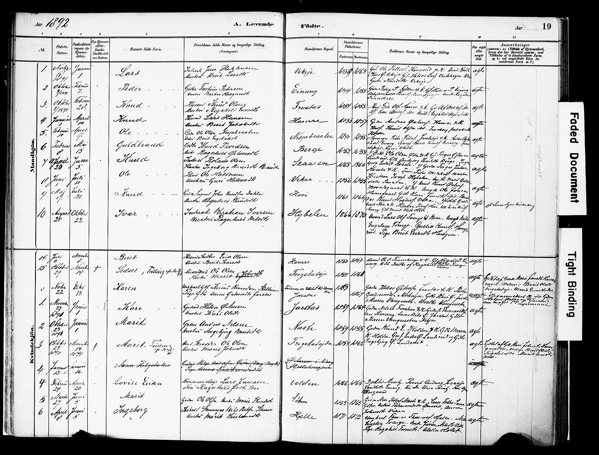 Vestre Slidre prestekontor, SAH/PREST-136/H/Ha/Haa/L0004: Parish register (official) no. 4, 1881-1911, p. 19