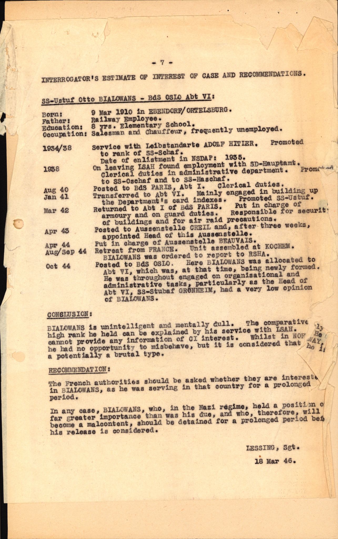 Forsvaret, Forsvarets overkommando II, RA/RAFA-3915/D/Db/L0003: CI Questionaires. Tyske okkupasjonsstyrker i Norge. Tyskere., 1945-1946, p. 141