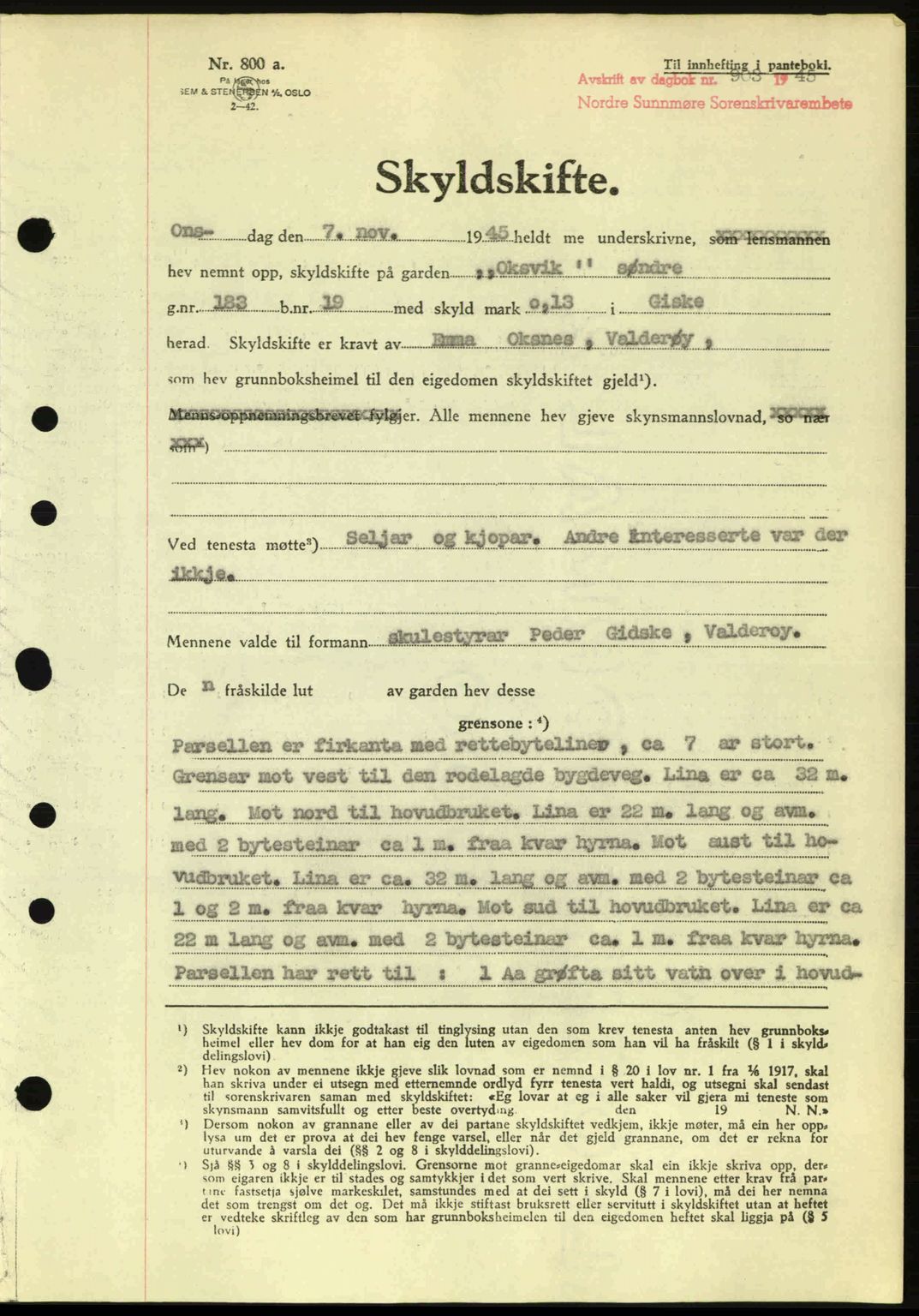 Nordre Sunnmøre sorenskriveri, AV/SAT-A-0006/1/2/2C/2Ca: Mortgage book no. A20a, 1945-1945, Diary no: : 903/1945