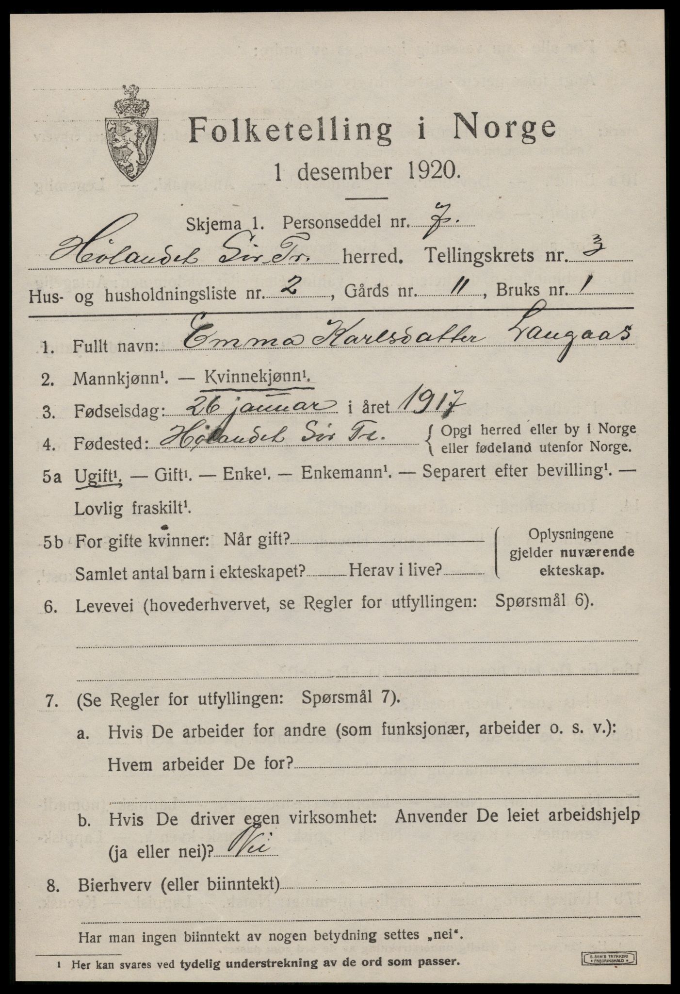 SAT, 1920 census for Hølonda, 1920, p. 1183