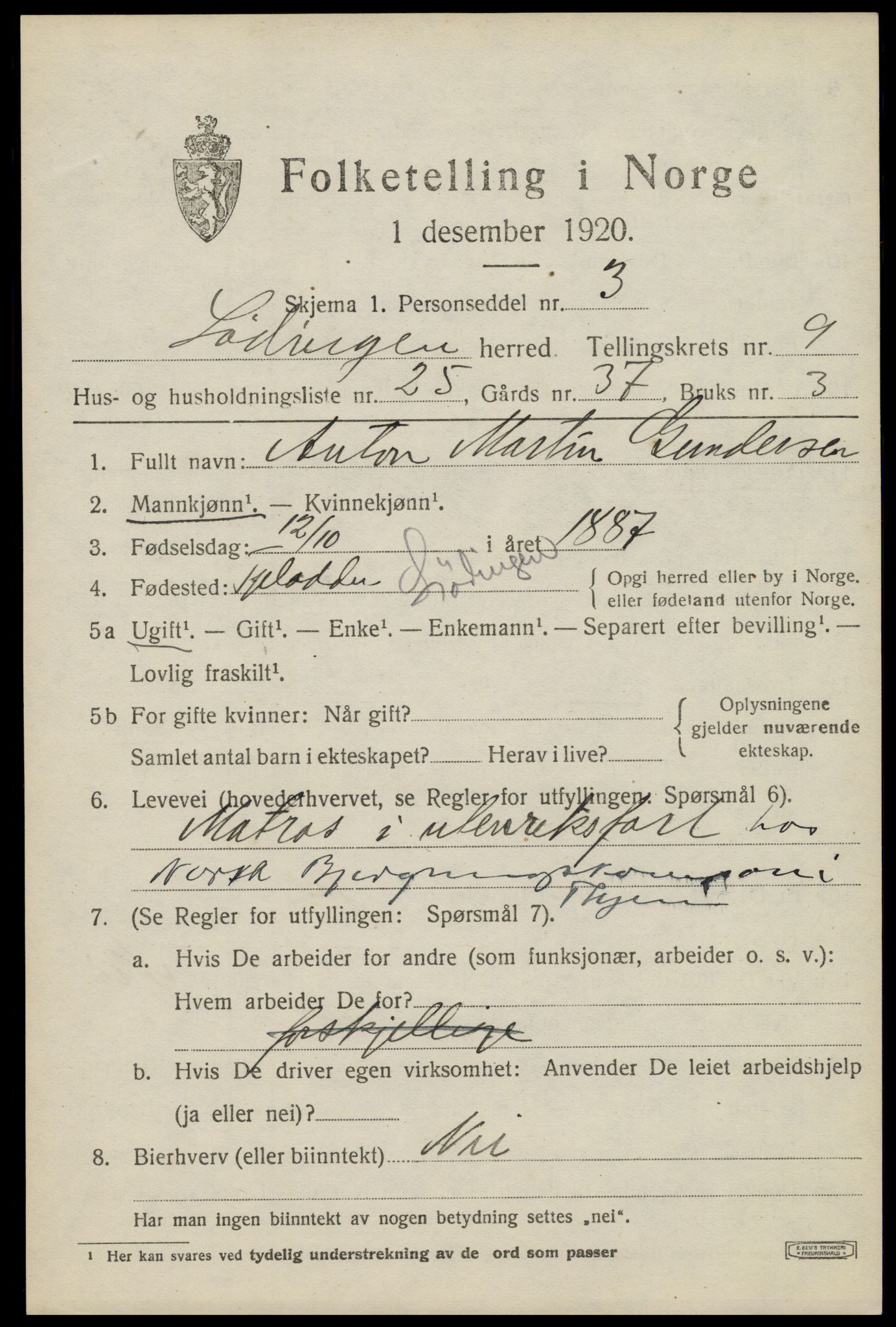 SAT, 1920 census for Lødingen, 1920, p. 5953