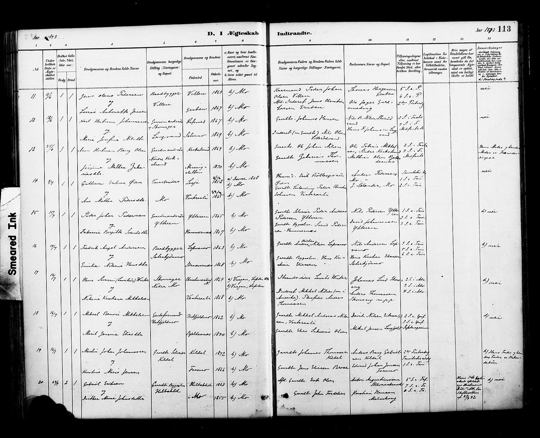 Ministerialprotokoller, klokkerbøker og fødselsregistre - Nordland, AV/SAT-A-1459/827/L0401: Parish register (official) no. 827A13, 1887-1905, p. 113