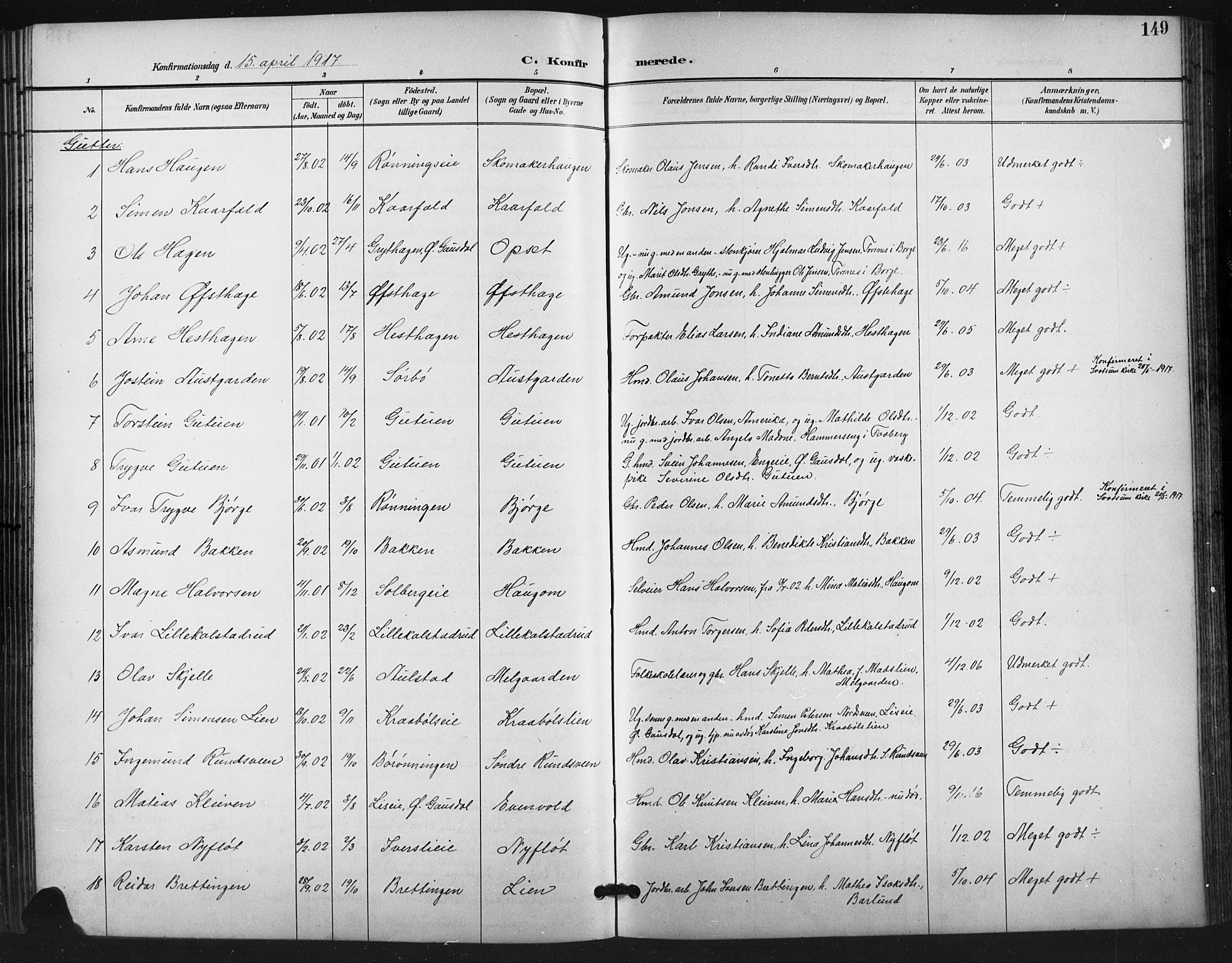 Vestre Gausdal prestekontor, SAH/PREST-094/H/Ha/Hab/L0003: Parish register (copy) no. 3, 1896-1925, p. 149
