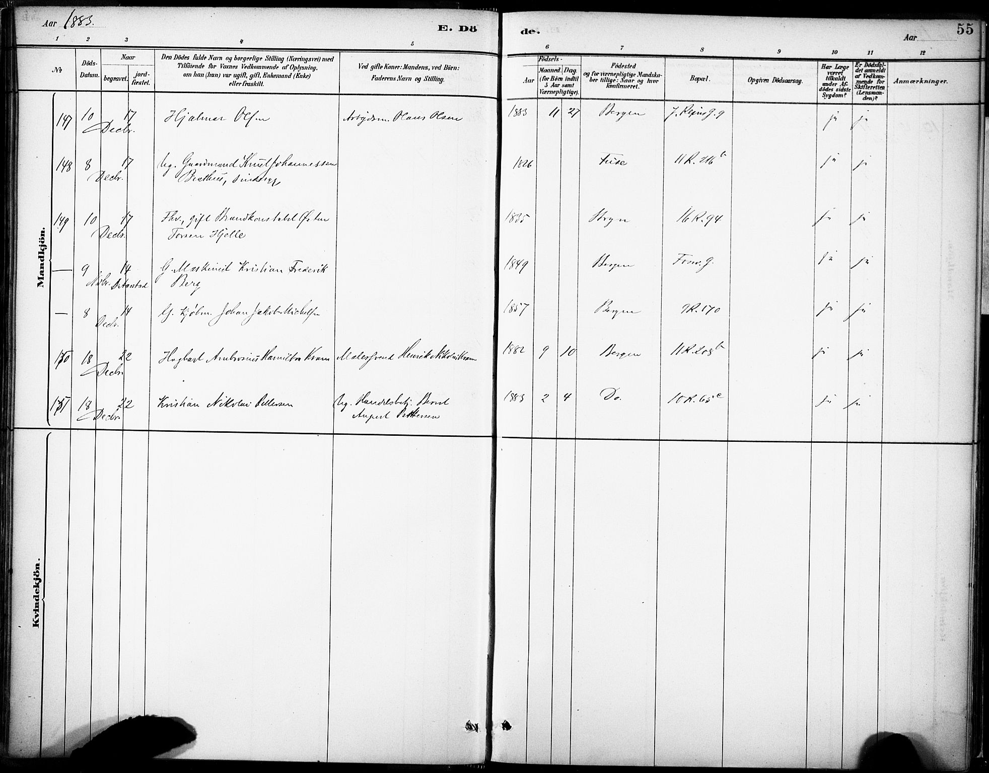 Domkirken sokneprestembete, AV/SAB-A-74801/H/Haa/L0043: Parish register (official) no. E 5, 1882-1904, p. 55