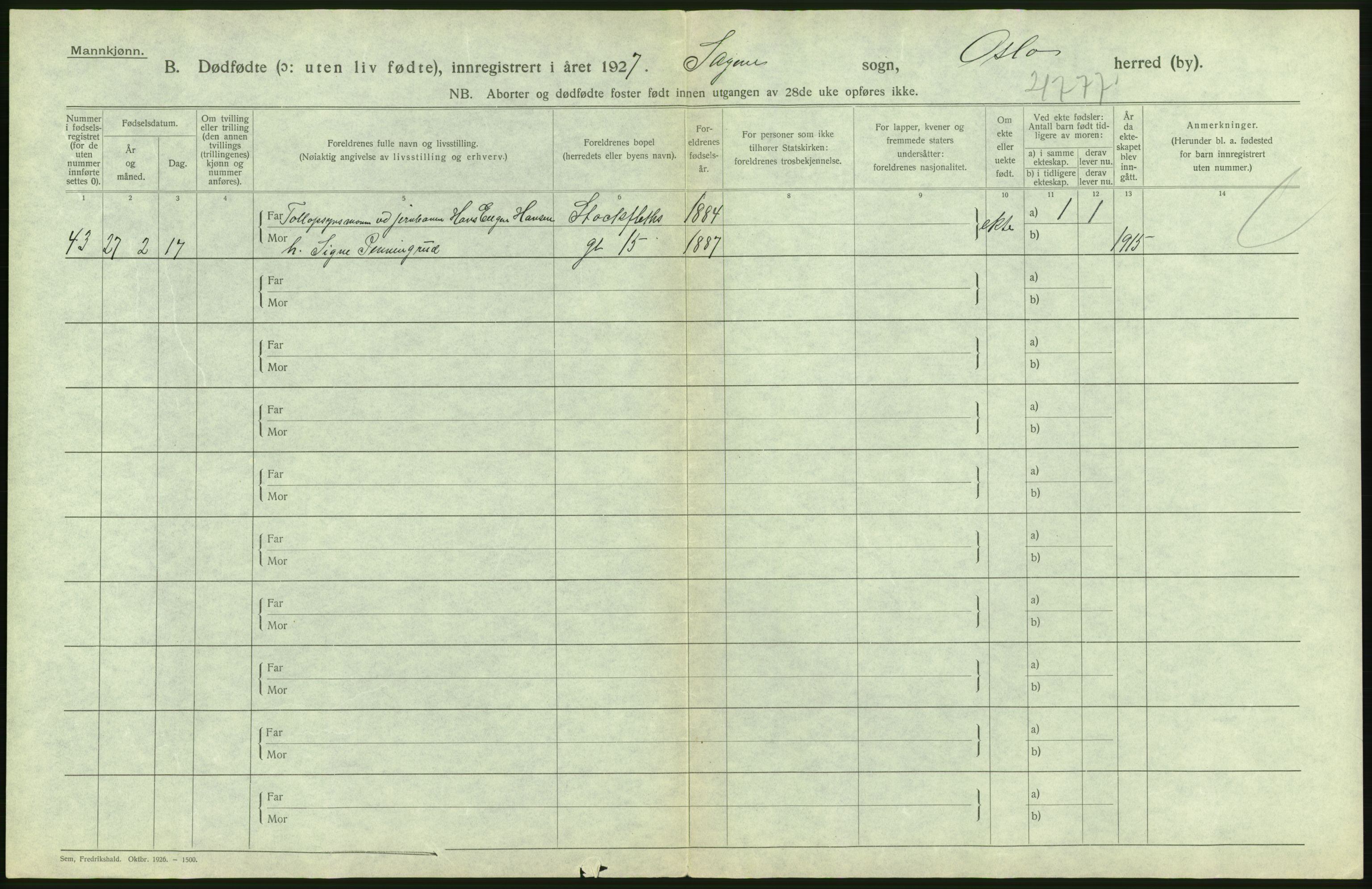 Statistisk sentralbyrå, Sosiodemografiske emner, Befolkning, AV/RA-S-2228/D/Df/Dfc/Dfcg/L0010: Oslo: Døde kvinner, dødfødte, 1927, p. 74