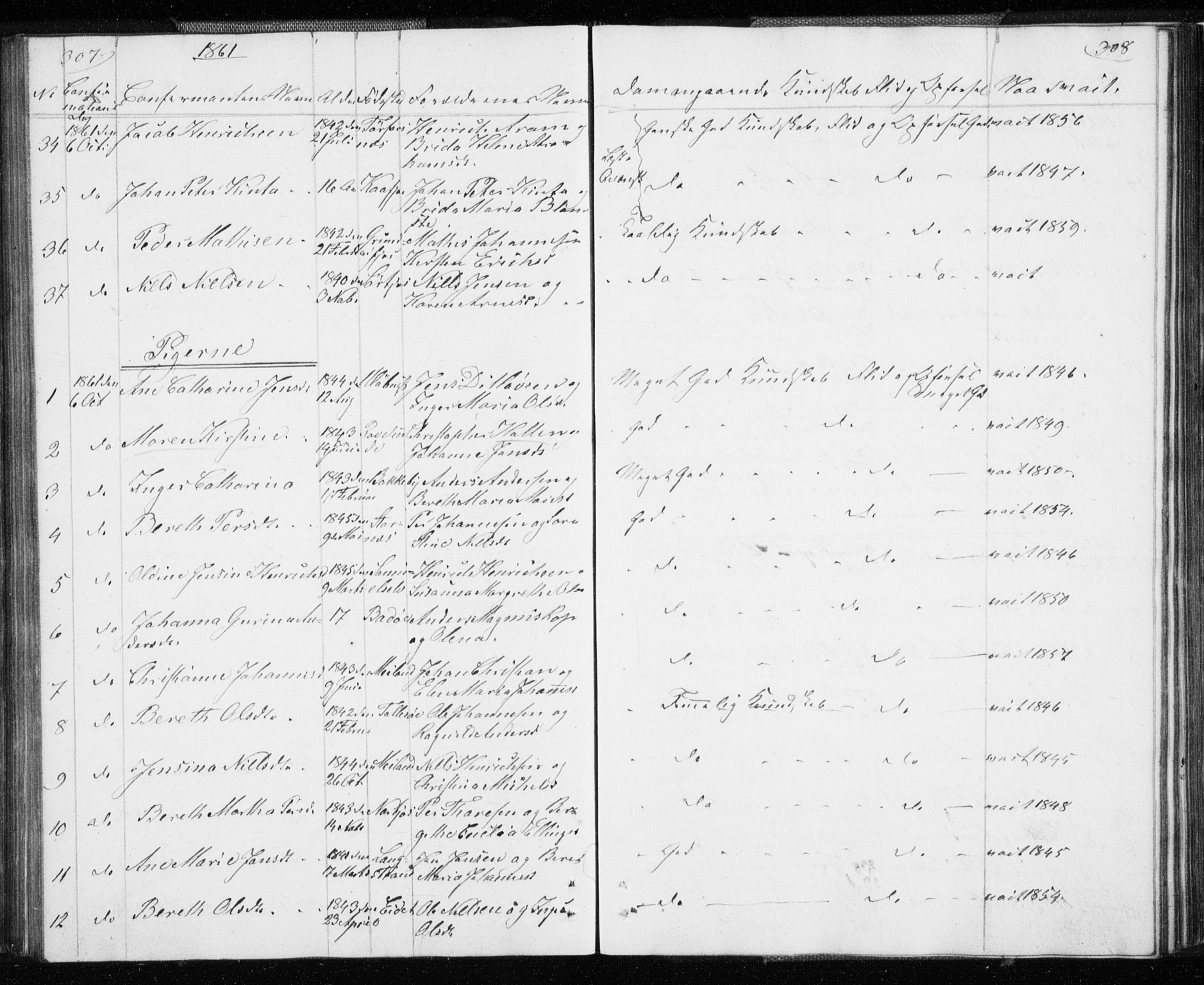 Skjervøy sokneprestkontor, SATØ/S-1300/H/Ha/Hab/L0003klokker: Parish register (copy) no. 3, 1849-1861, p. 307-308