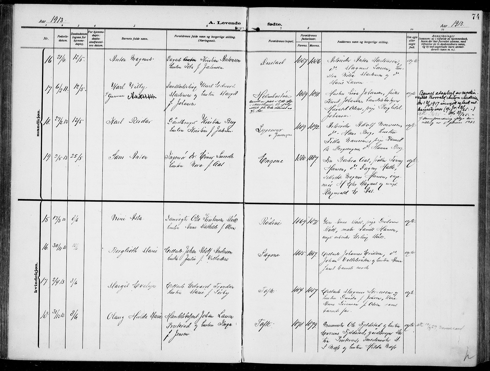 Hurum kirkebøker, AV/SAKO-A-229/F/Fa/L0016: Parish register (official) no. 16, 1899-1918, p. 74