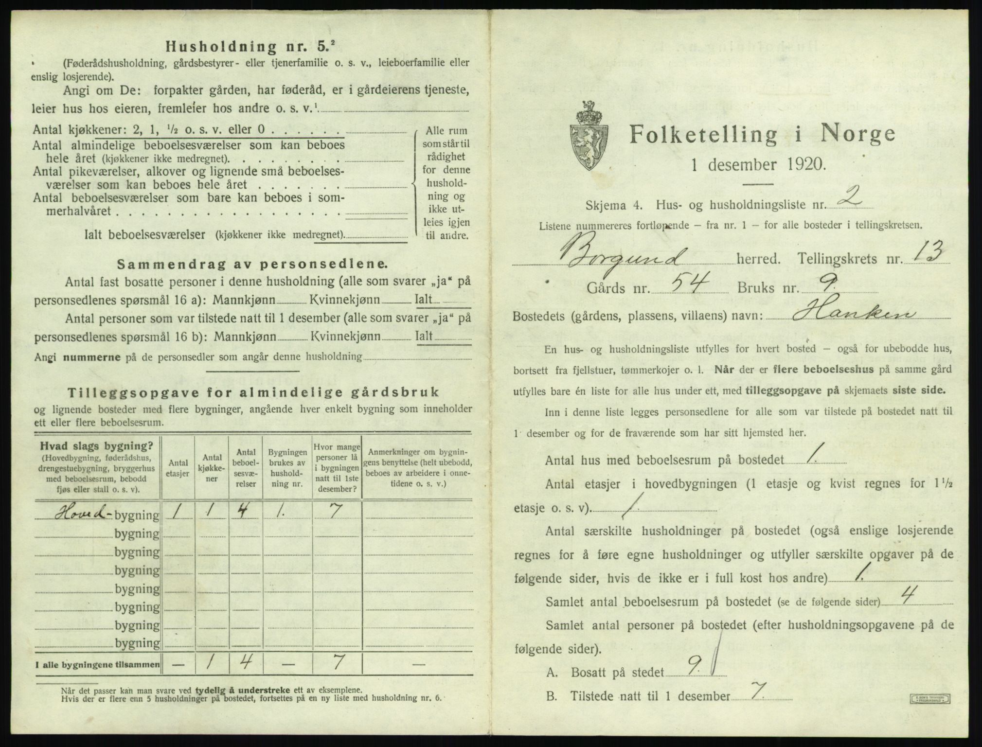 SAT, 1920 census for Borgund, 1920, p. 1252