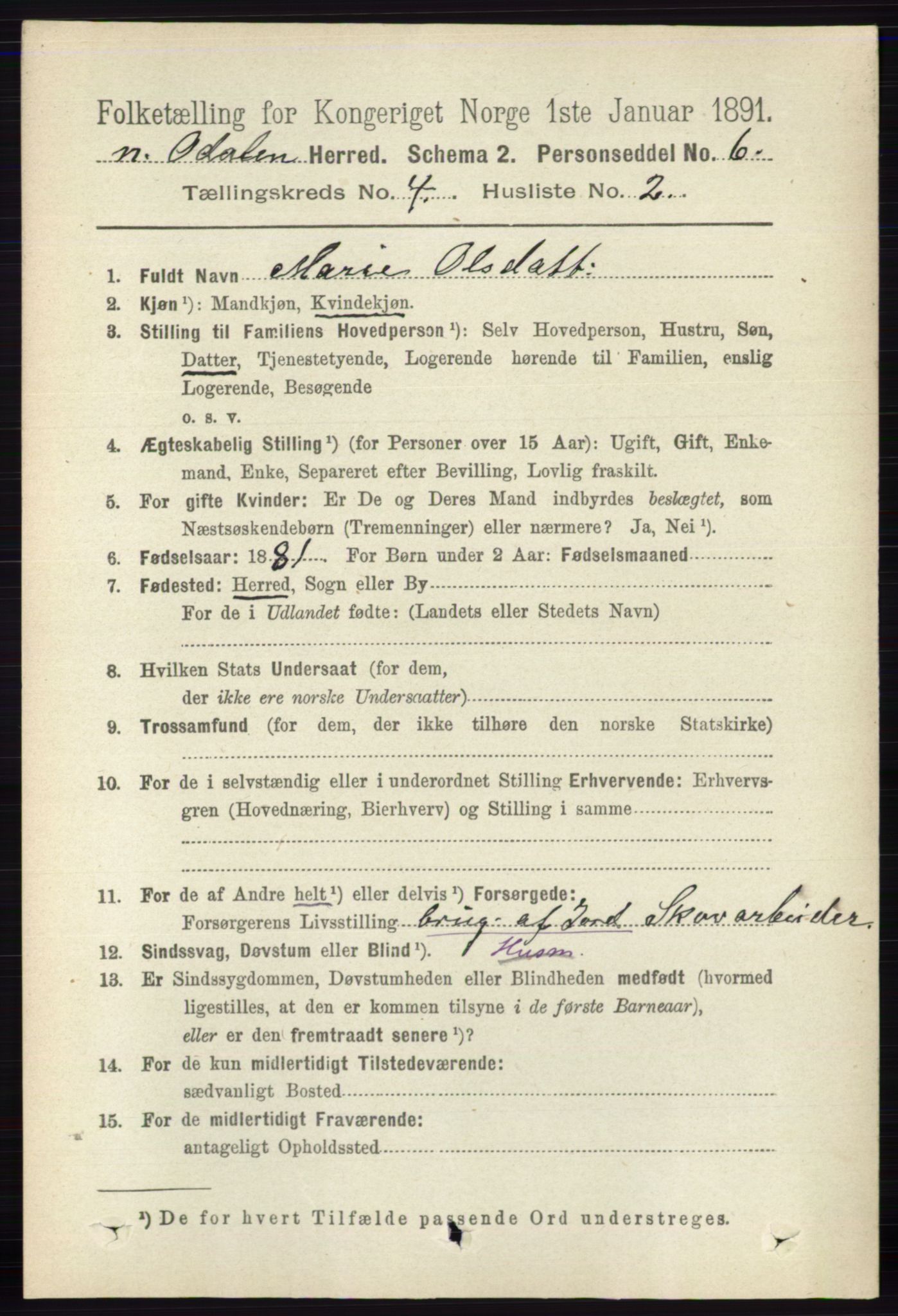 RA, 1891 census for 0418 Nord-Odal, 1891, p. 1275