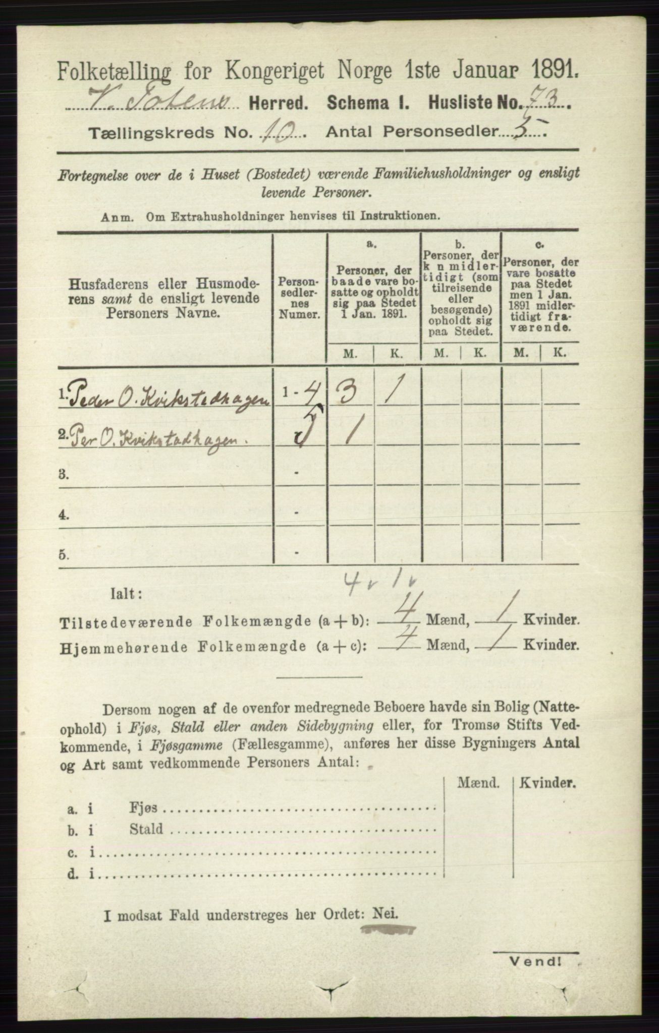 RA, 1891 census for 0529 Vestre Toten, 1891, p. 6180