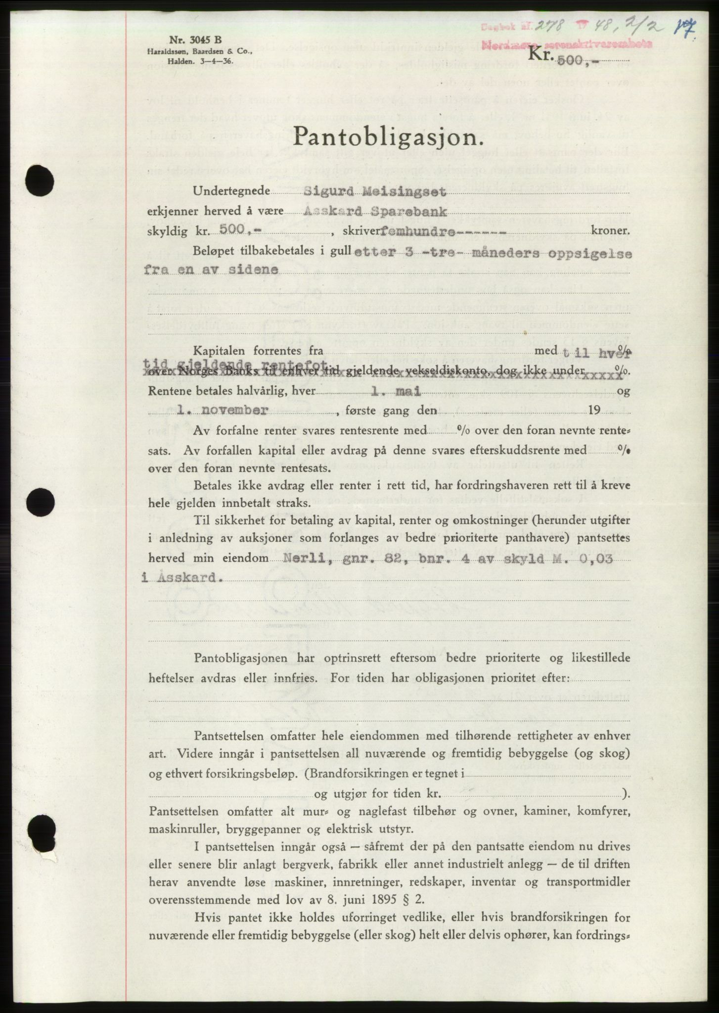 Nordmøre sorenskriveri, AV/SAT-A-4132/1/2/2Ca: Mortgage book no. B98, 1948-1948, Diary no: : 278/1948