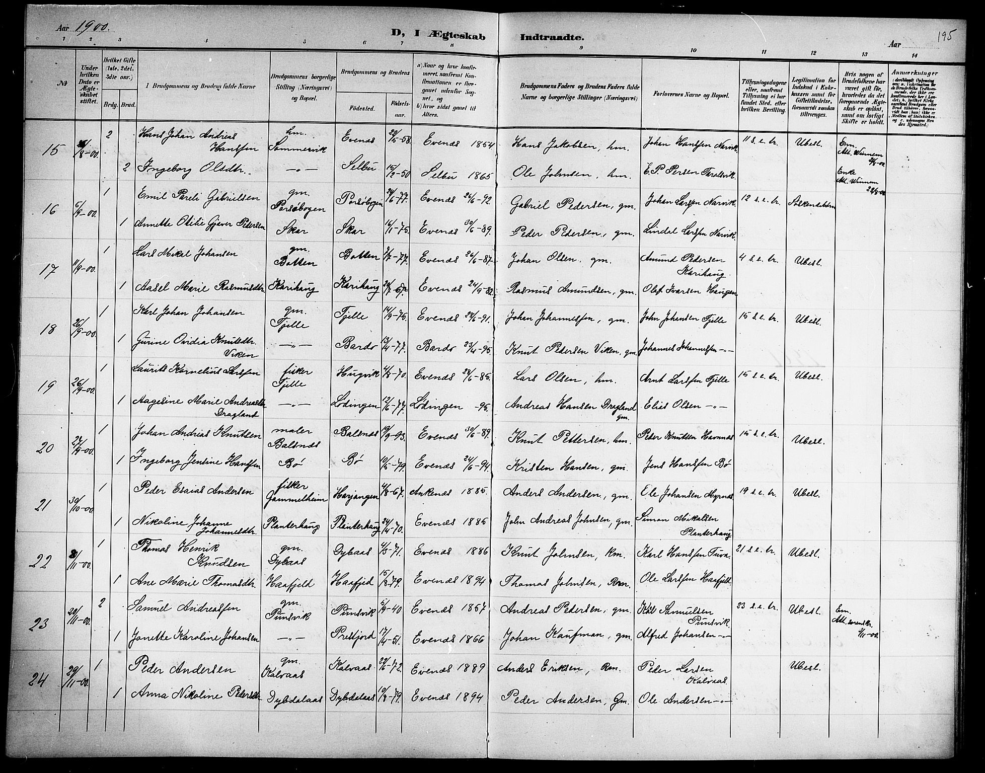 Ministerialprotokoller, klokkerbøker og fødselsregistre - Nordland, SAT/A-1459/863/L0915: Parish register (copy) no. 863C05, 1898-1907, p. 195