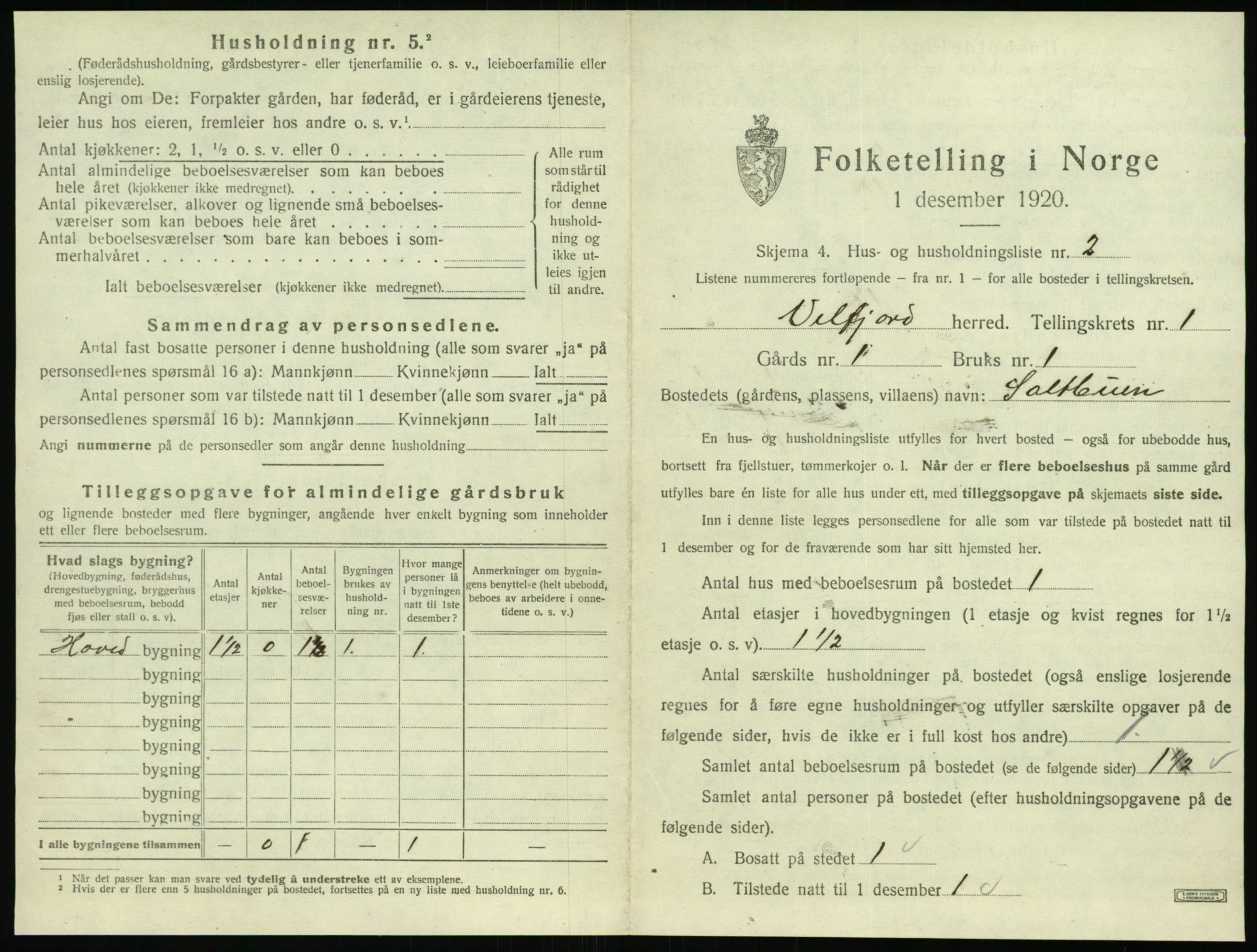 SAT, 1920 census for Velfjord, 1920, p. 39