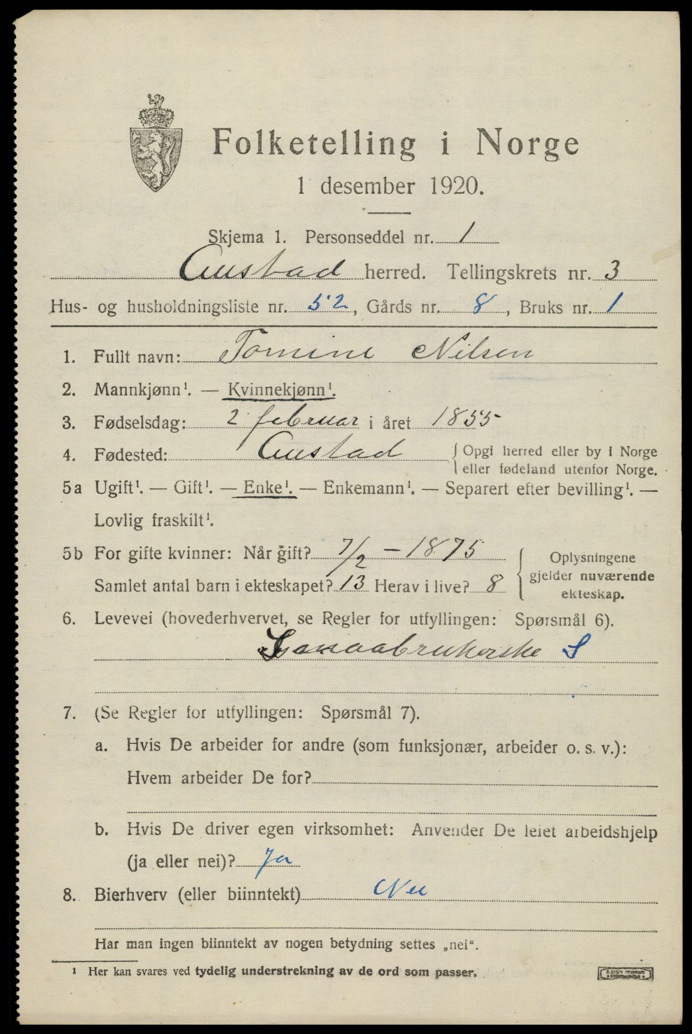SAK, 1920 census for Austad, 1920, p. 1399