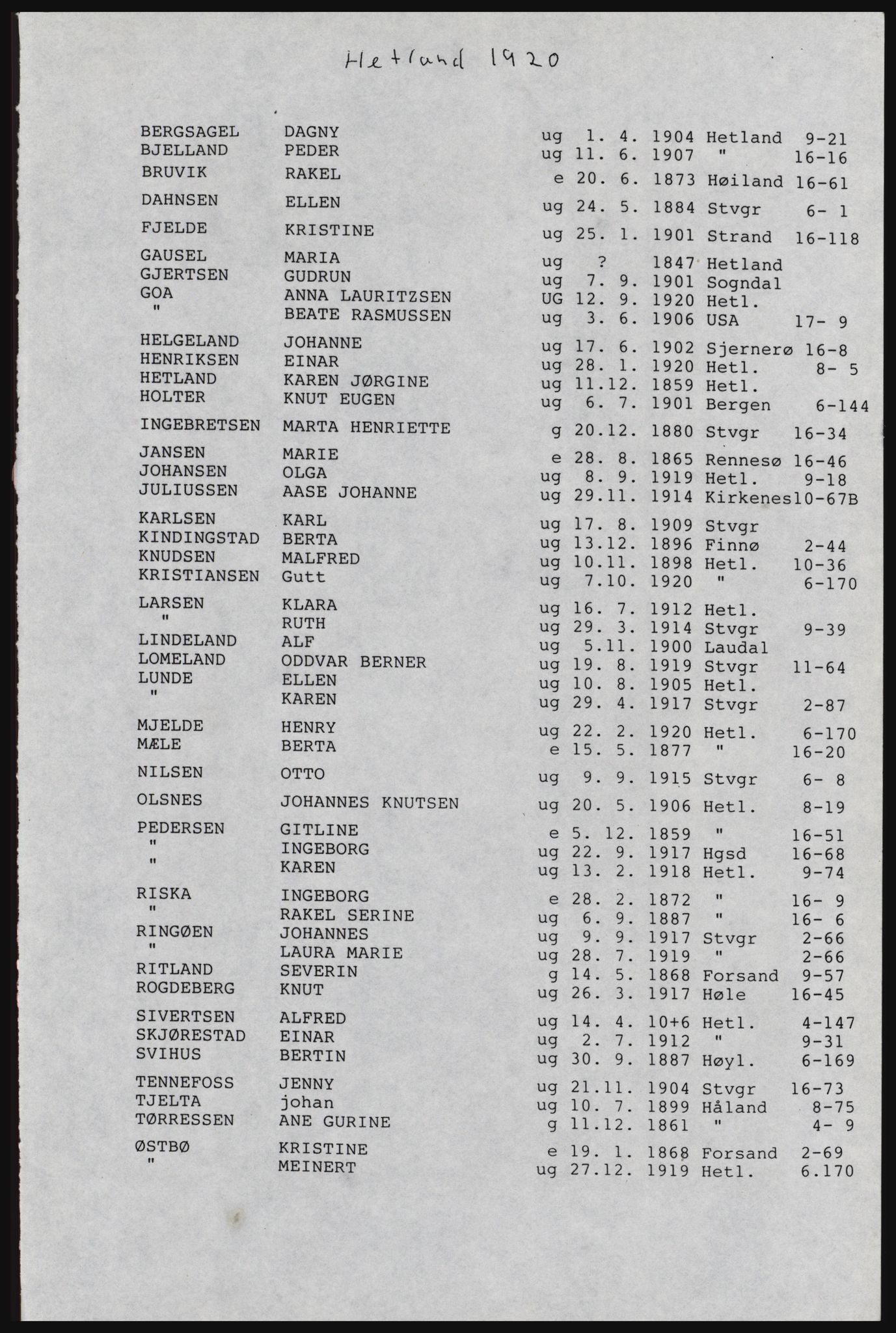 SAST, Copy of 1920 census for Hetland, 1920, p. 599