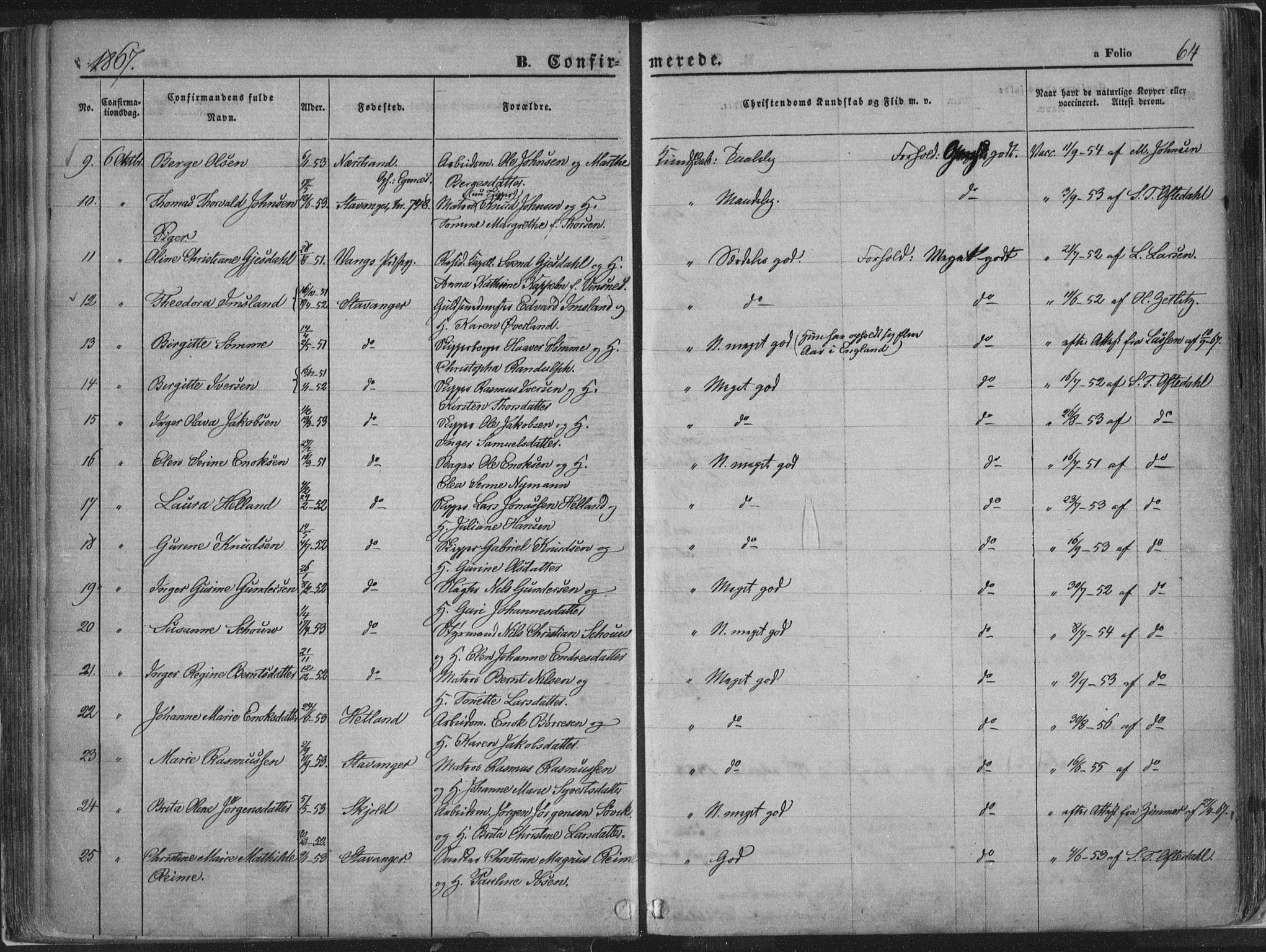 Domkirken sokneprestkontor, AV/SAST-A-101812/001/30/30BA/L0018: Parish register (official) no. A 17, 1857-1877, p. 64