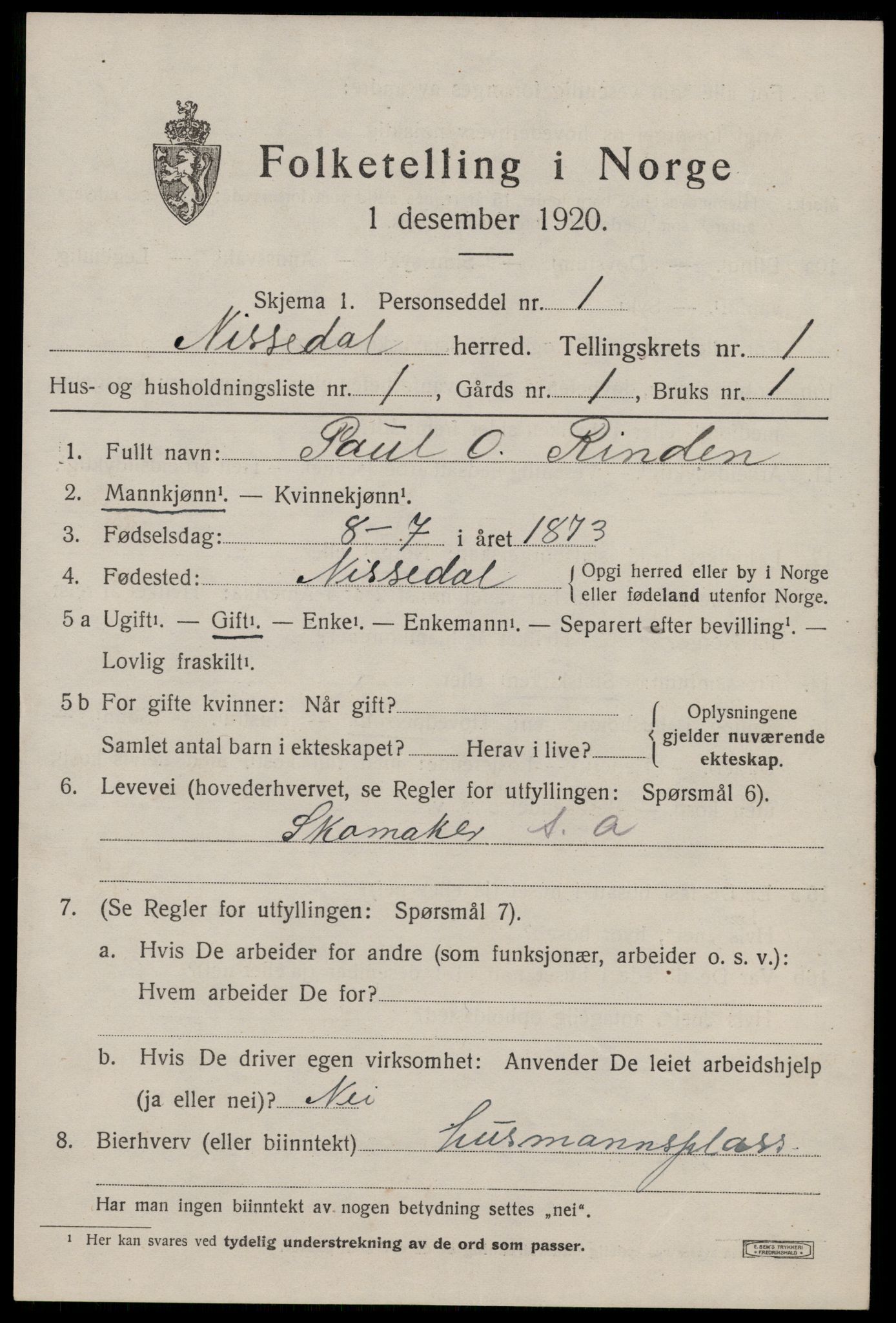 SAKO, 1920 census for Nissedal, 1920, p. 835