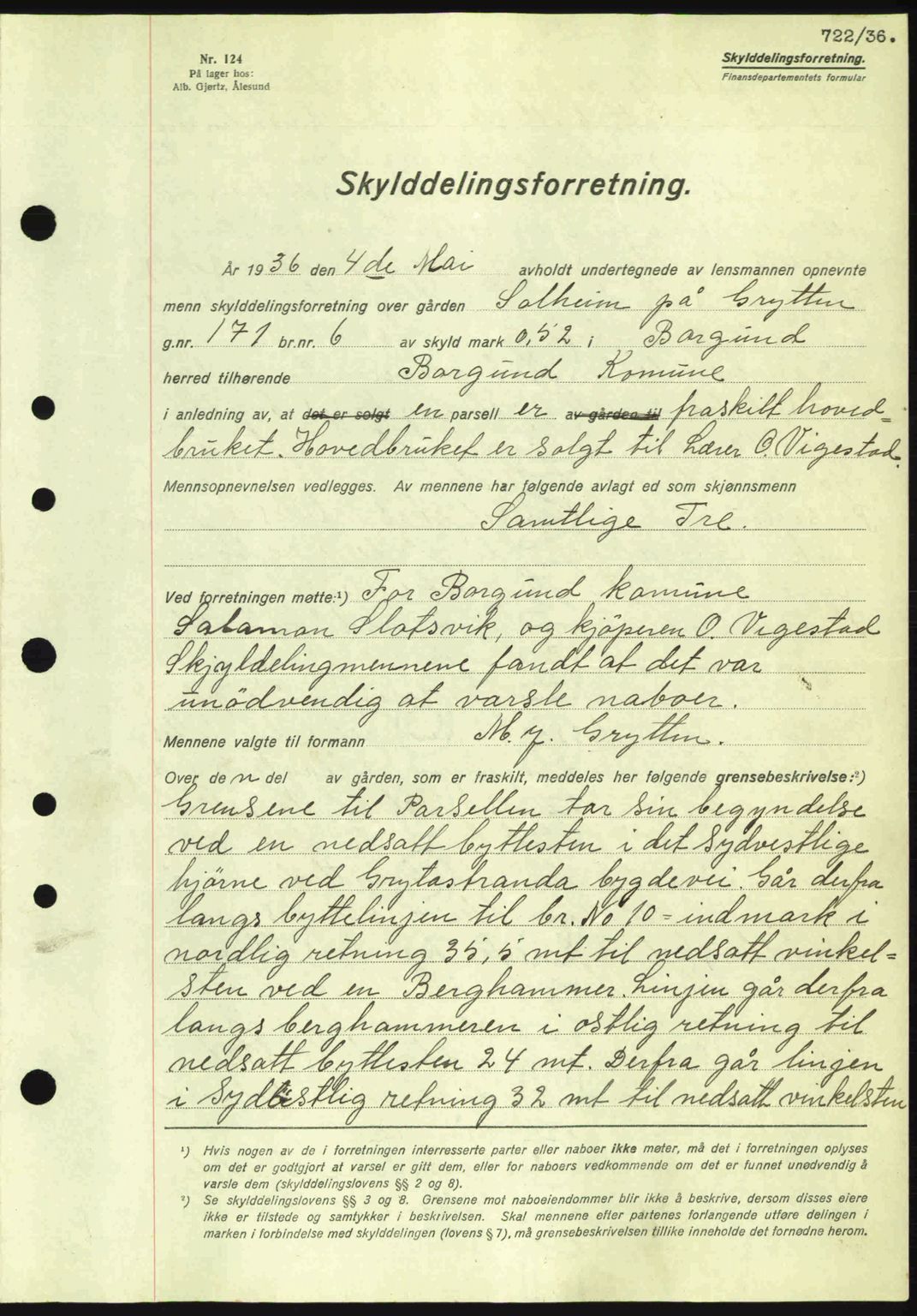 Nordre Sunnmøre sorenskriveri, AV/SAT-A-0006/1/2/2C/2Ca: Mortgage book no. A1, 1936-1936, Diary no: : 722/1936