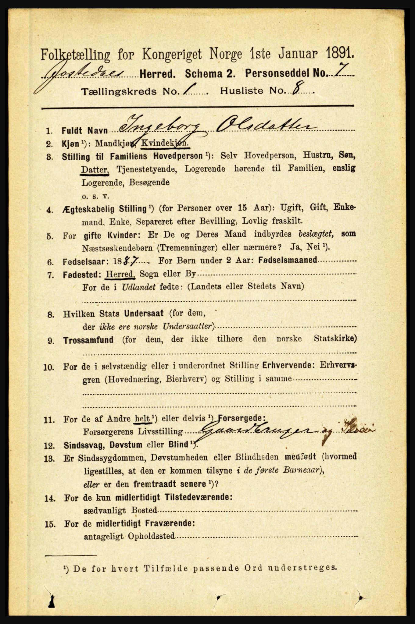 RA, 1891 census for 1427 Jostedal, 1891, p. 128