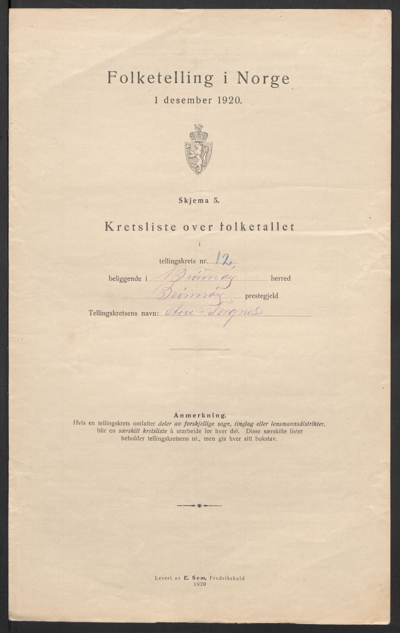 SAT, 1920 census for Brønnøy, 1920, p. 43