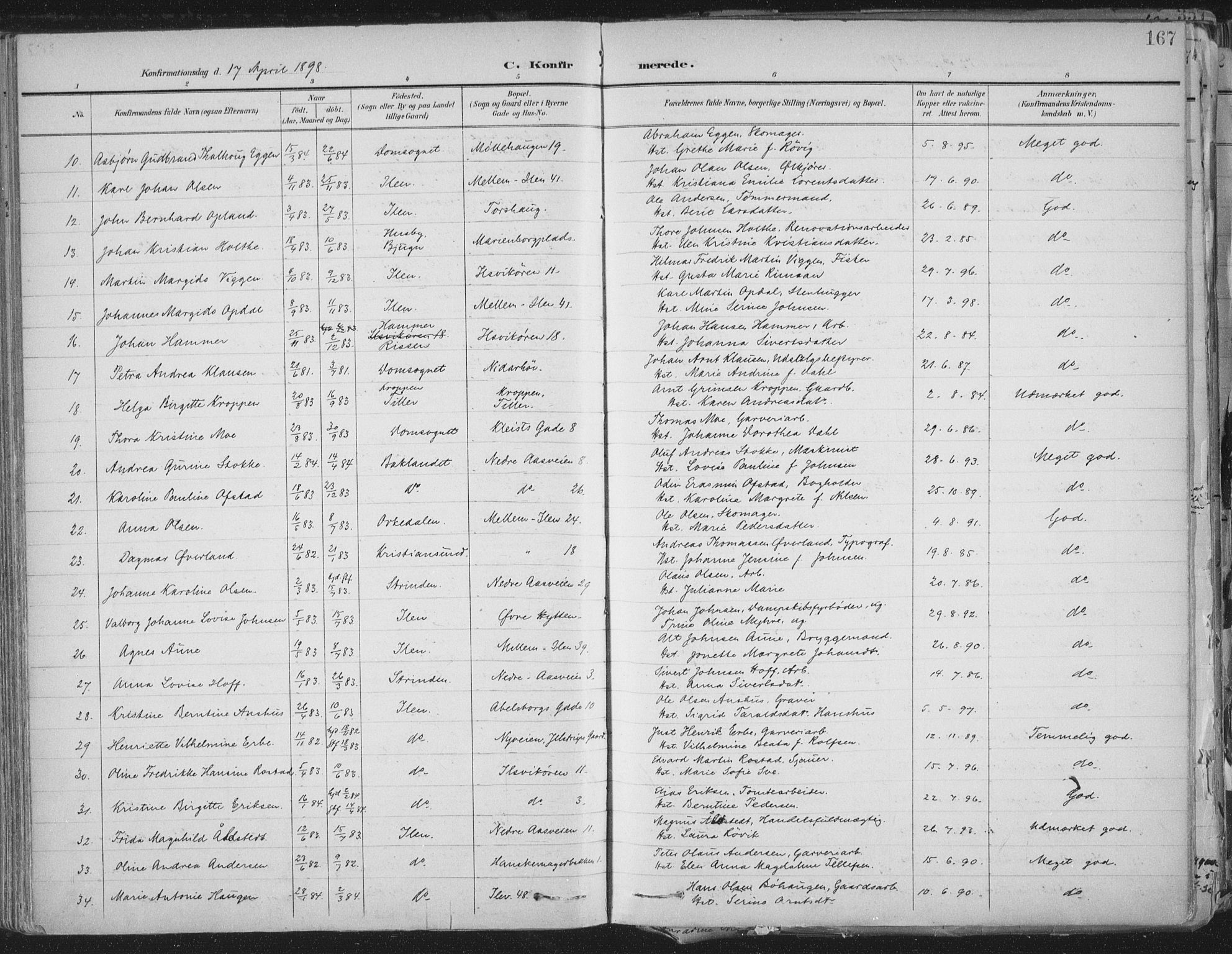 Ministerialprotokoller, klokkerbøker og fødselsregistre - Sør-Trøndelag, AV/SAT-A-1456/603/L0167: Parish register (official) no. 603A06, 1896-1932, p. 167