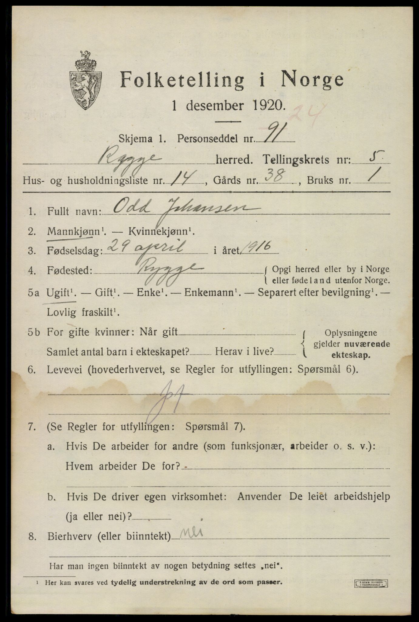 SAO, 1920 census for Rygge, 1920, p. 9753