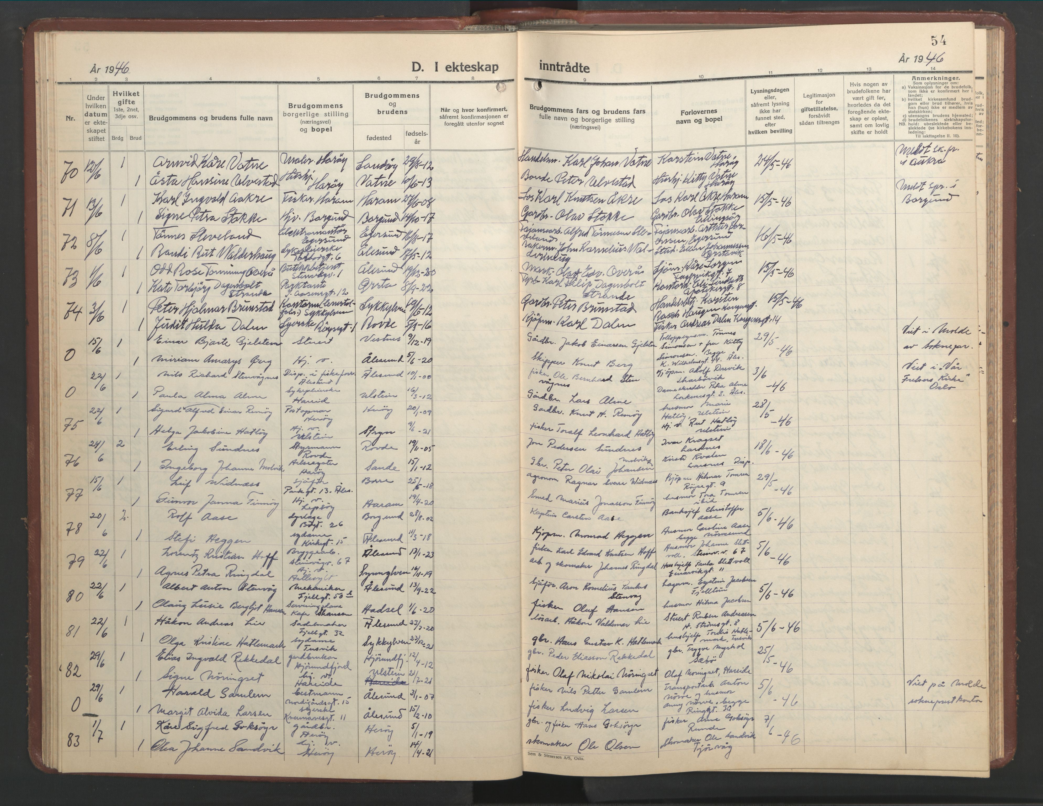 Ministerialprotokoller, klokkerbøker og fødselsregistre - Møre og Romsdal, AV/SAT-A-1454/529/L0479: Parish register (copy) no. 529C16, 1941-1950, p. 54