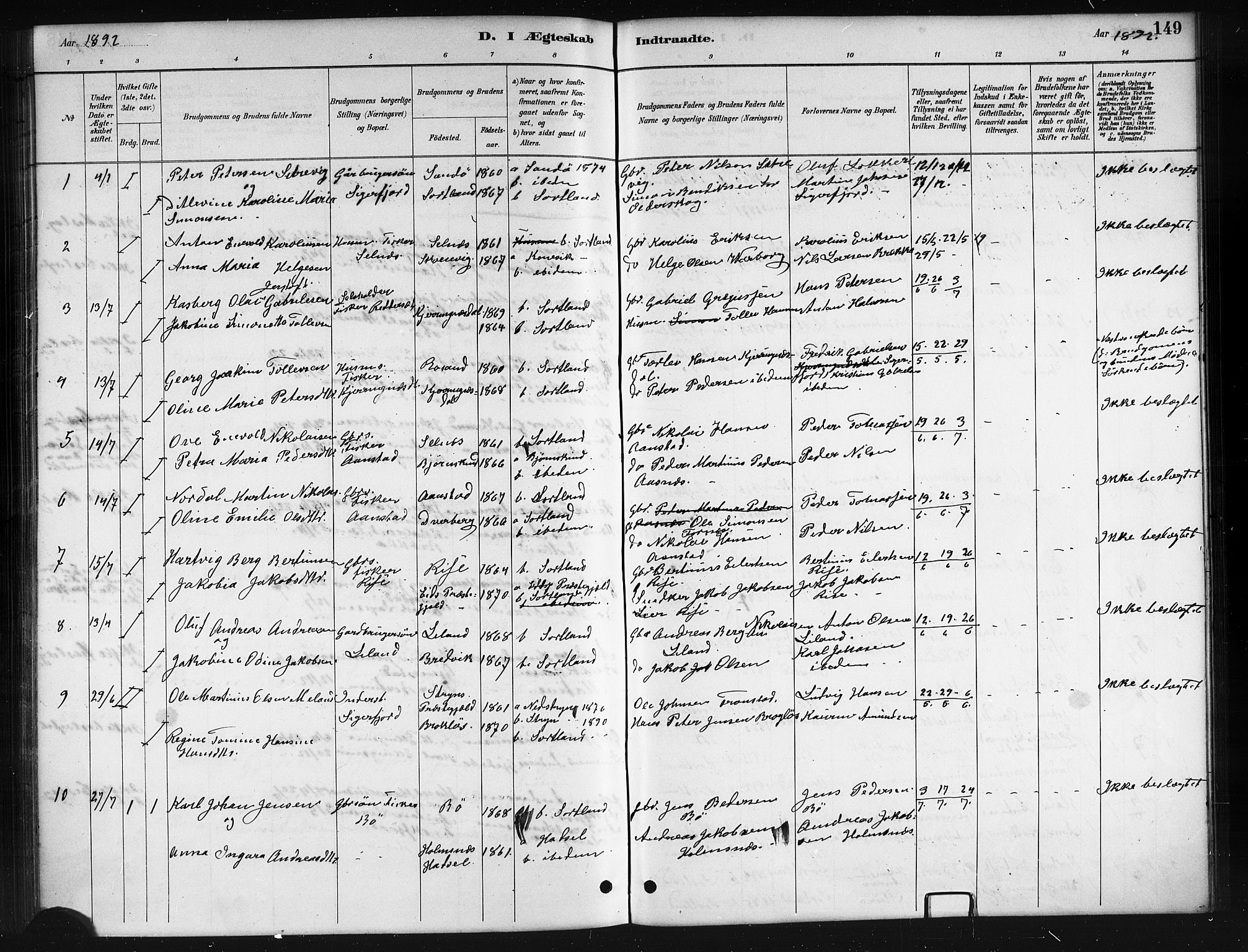 Ministerialprotokoller, klokkerbøker og fødselsregistre - Nordland, AV/SAT-A-1459/895/L1382: Parish register (copy) no. 895C04, 1885-1896, p. 149