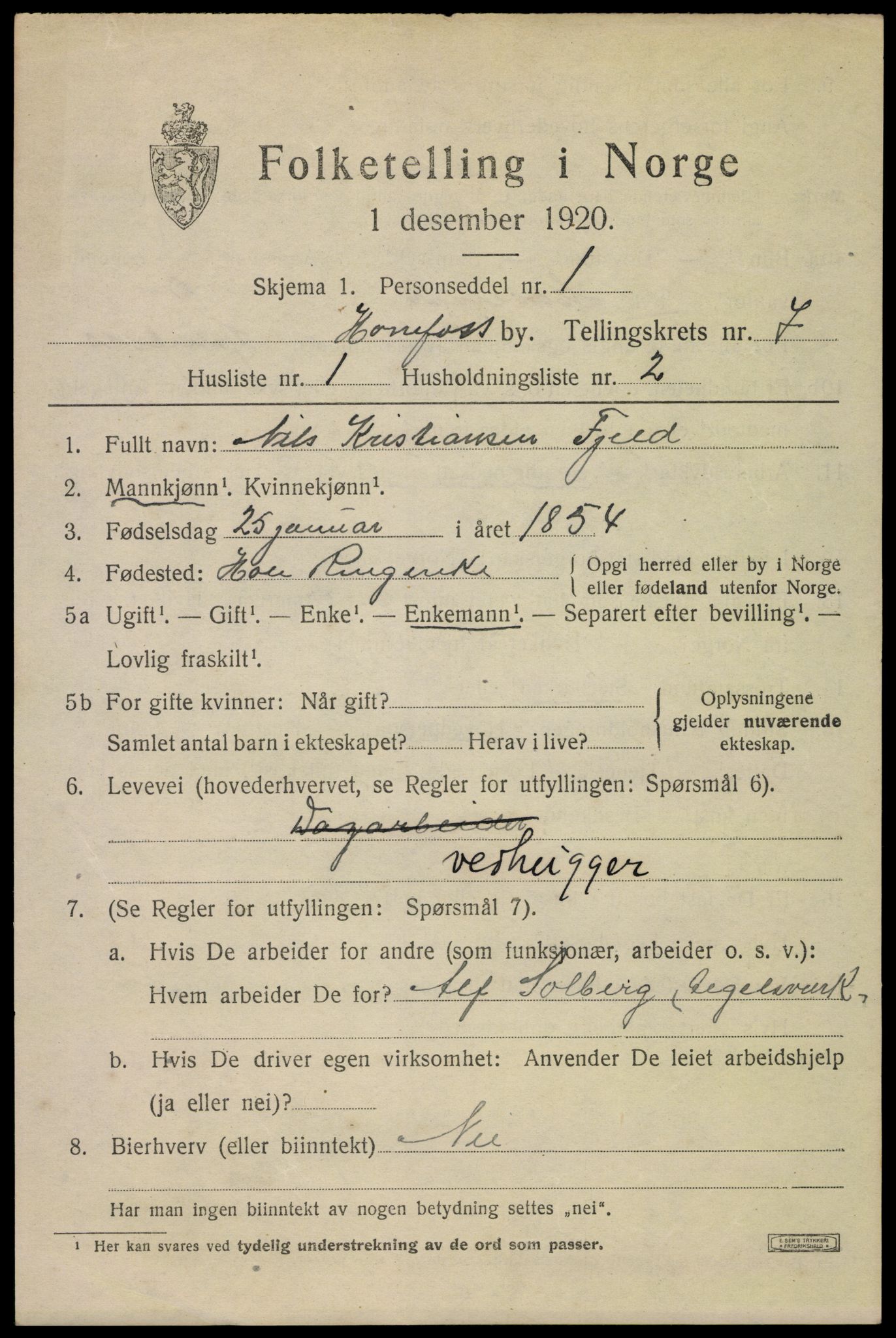 SAKO, 1920 census for Hønefoss, 1920, p. 7854