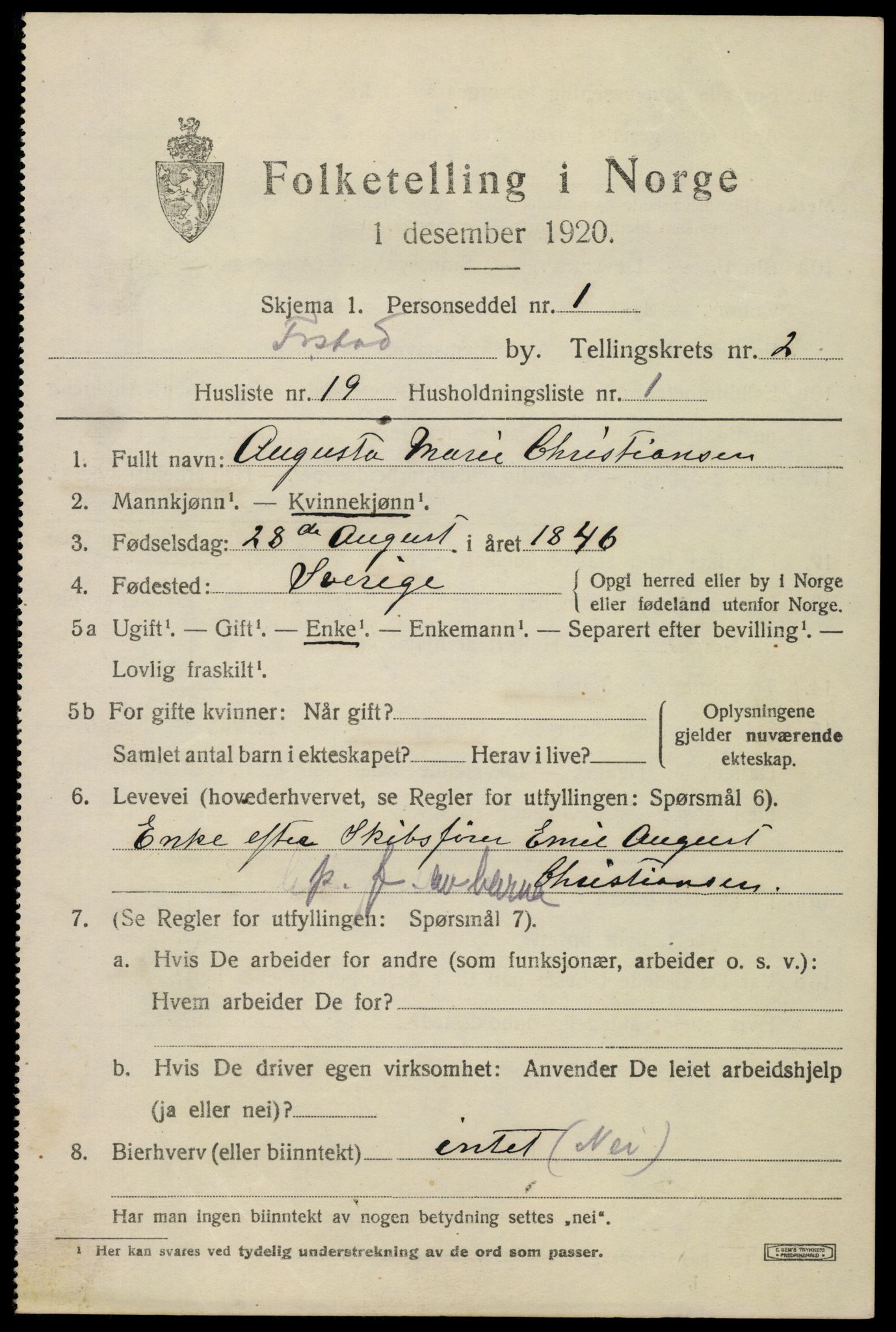 SAO, 1920 census for Fredrikstad, 1920, p. 13885