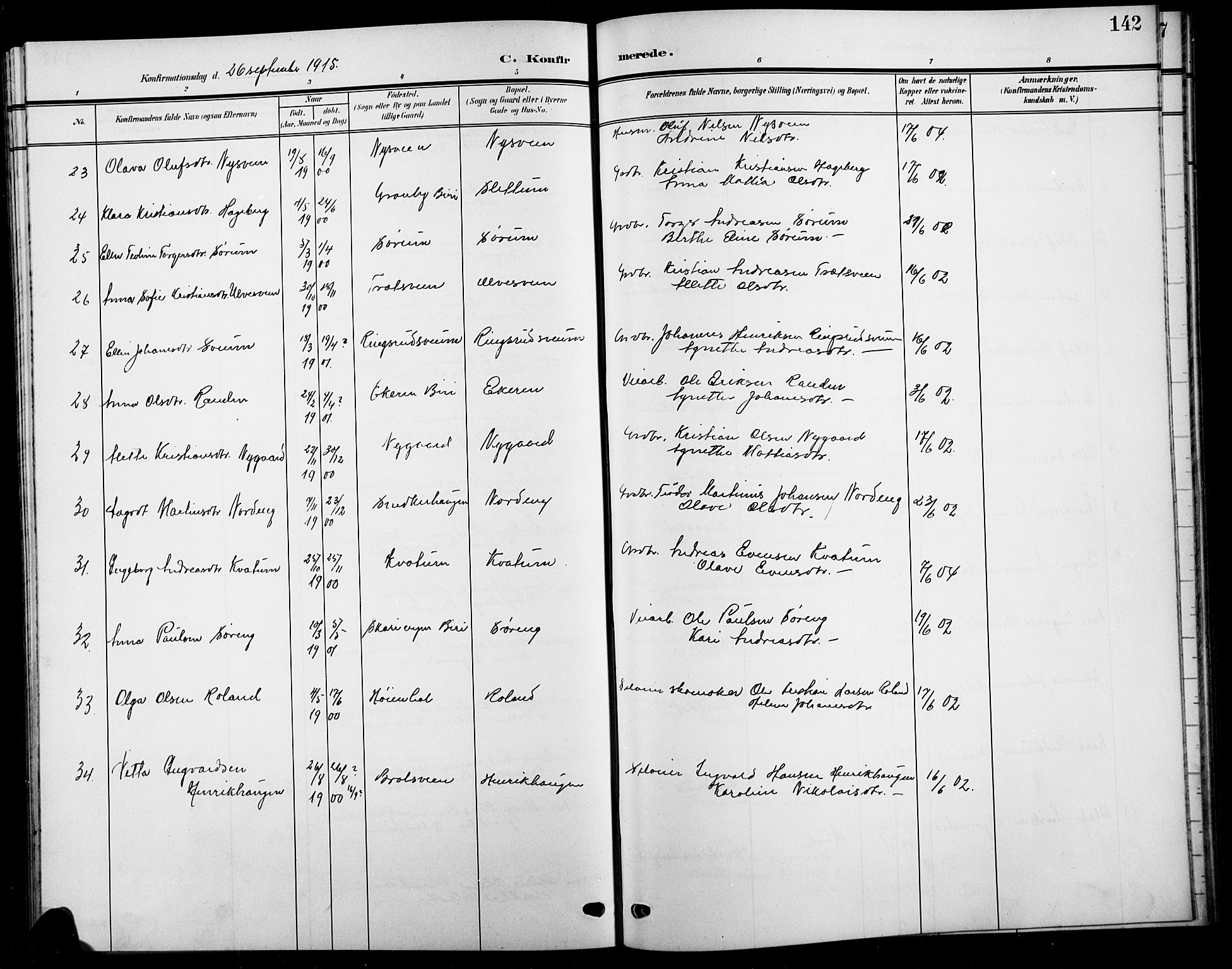 Biri prestekontor, SAH/PREST-096/H/Ha/Hab/L0005: Parish register (copy) no. 5, 1906-1919, p. 142