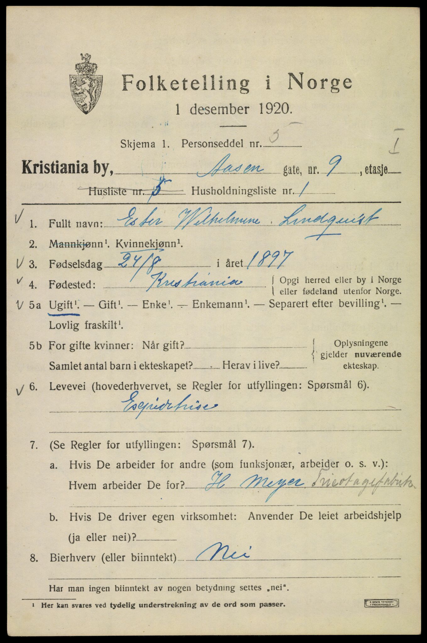 SAO, 1920 census for Kristiania, 1920, p. 136721