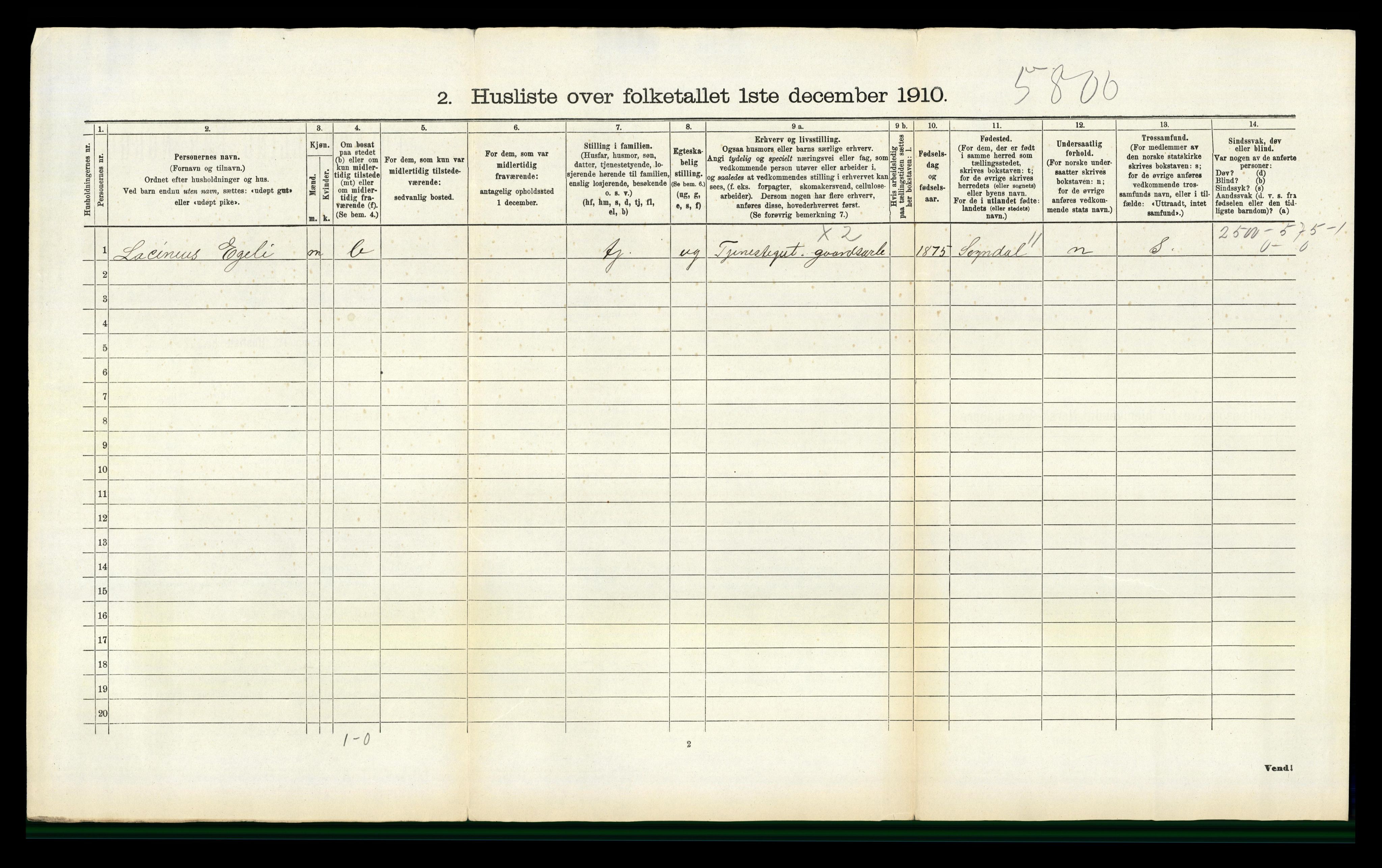 RA, 1910 census for Bjelland, 1910, p. 167