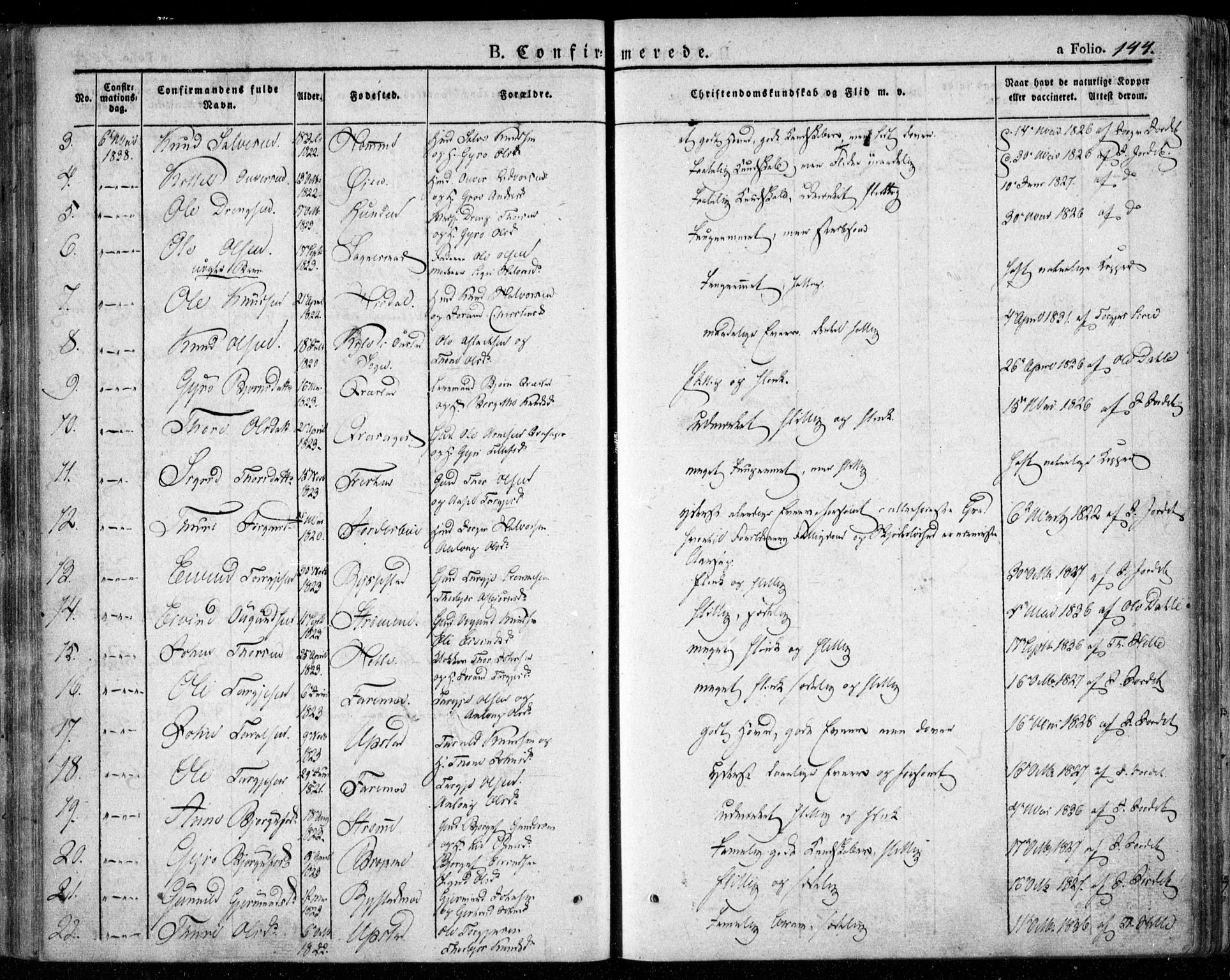 Valle sokneprestkontor, SAK/1111-0044/F/Fa/Fac/L0006: Parish register (official) no. A 6, 1831-1853, p. 144