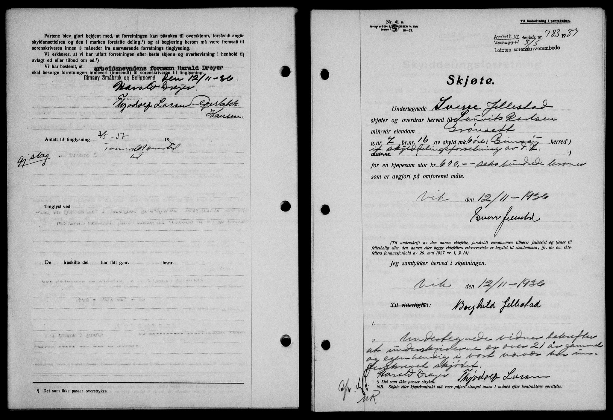 Lofoten sorenskriveri, SAT/A-0017/1/2/2C/L0002a: Mortgage book no. 2a, 1937-1937, Diary no: : 783/1937