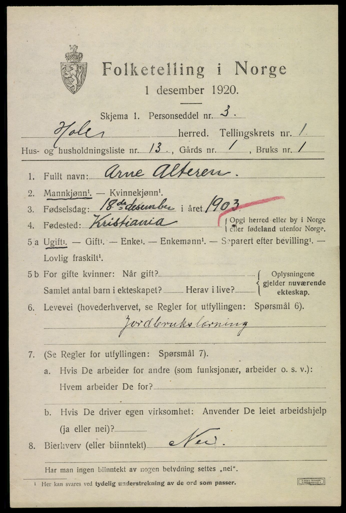 SAKO, 1920 census for Hole, 1920, p. 1069