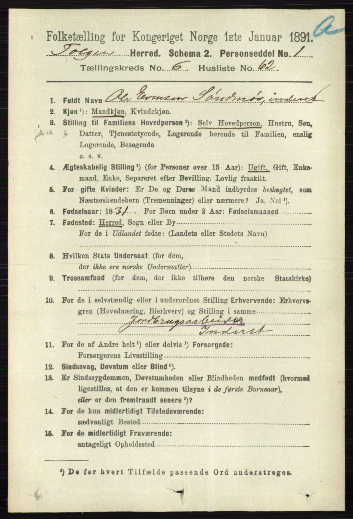 RA, 1891 census for 0436 Tolga, 1891, p. 1985