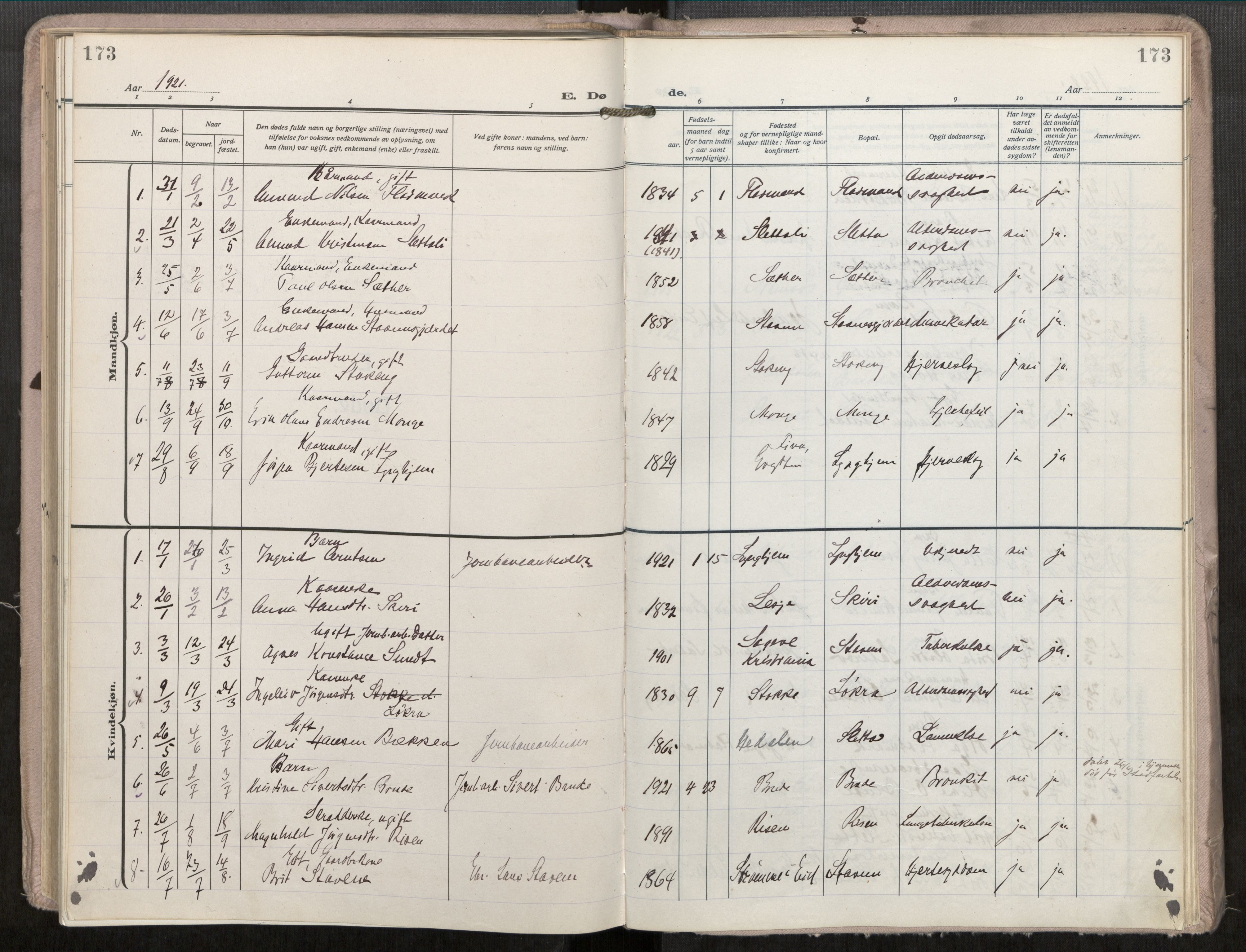 Ministerialprotokoller, klokkerbøker og fødselsregistre - Møre og Romsdal, SAT/A-1454/546/L0601: Parish register (official) no. 546A04, 1919-1956, p. 173