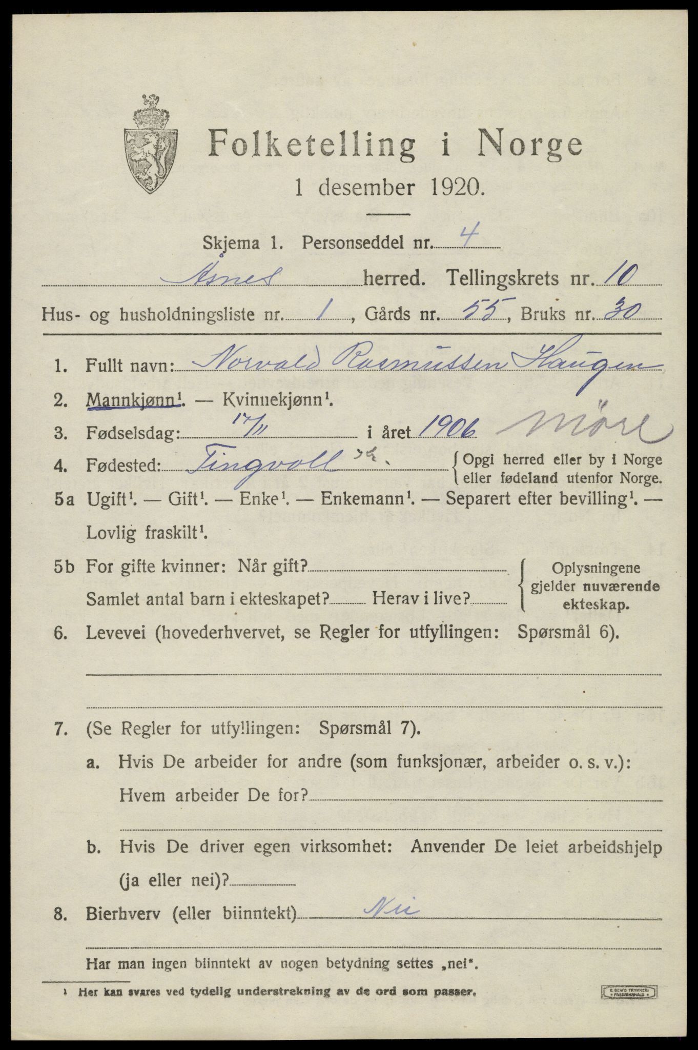 SAH, 1920 census for Åsnes, 1920, p. 10434